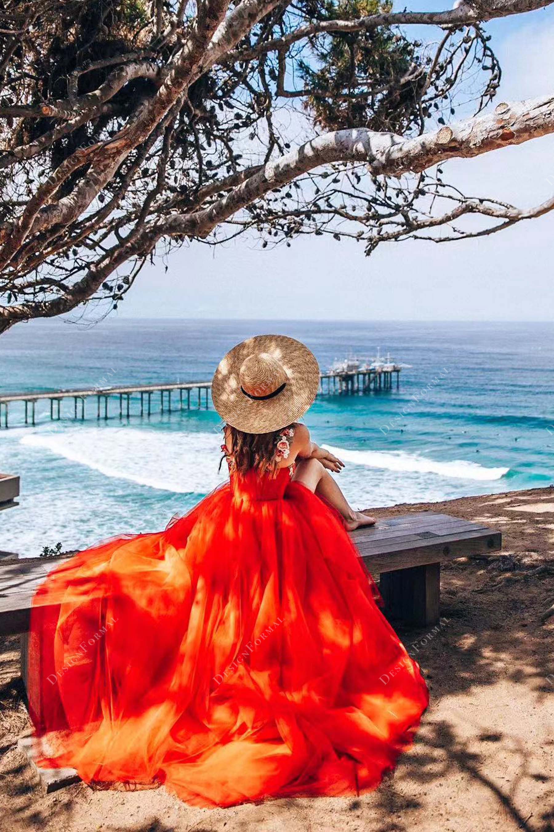 Custom Flower Straps Red Tulle Slit Formal Dress