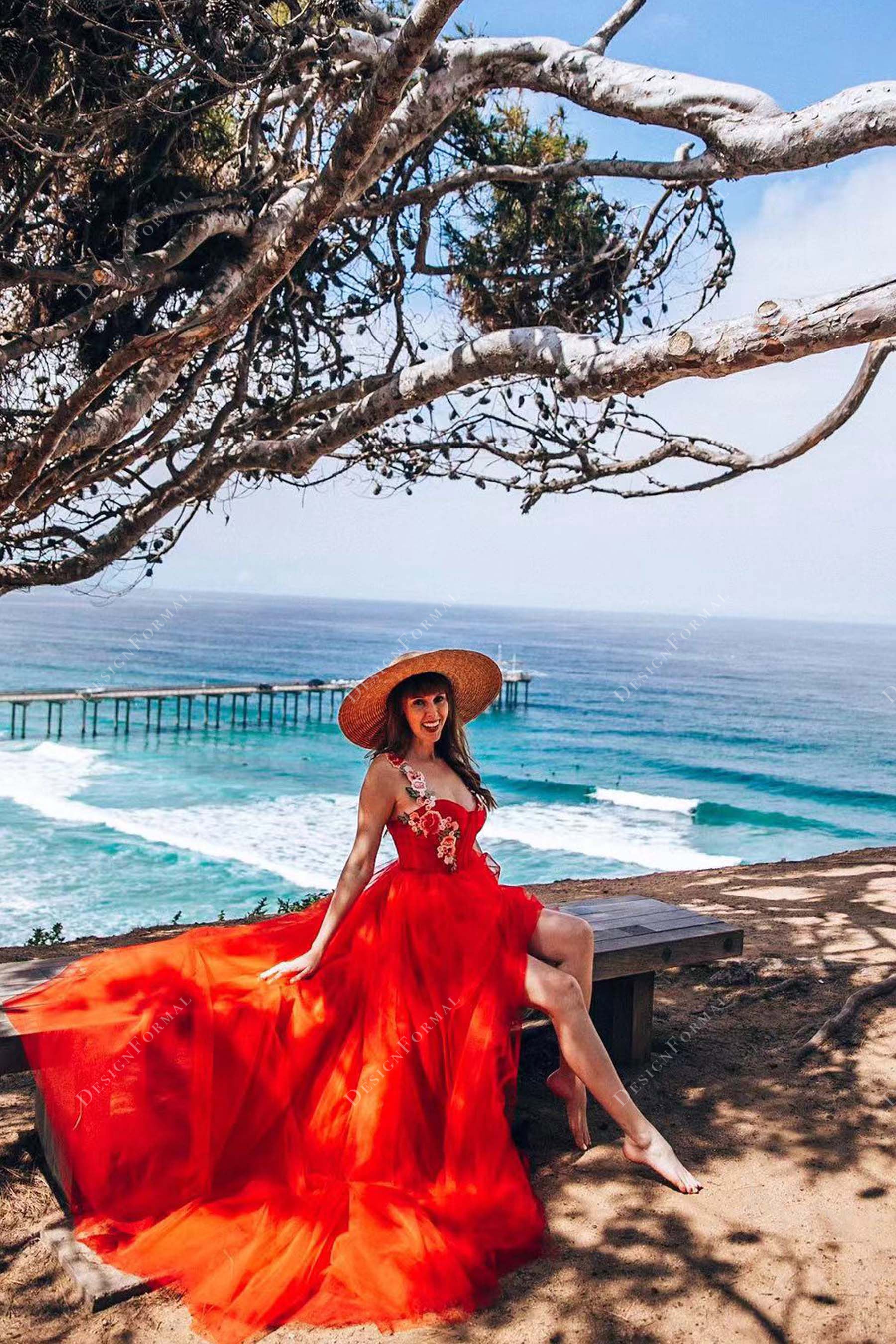 Designer Flower Straps Red Tulle Slit Formal Dress