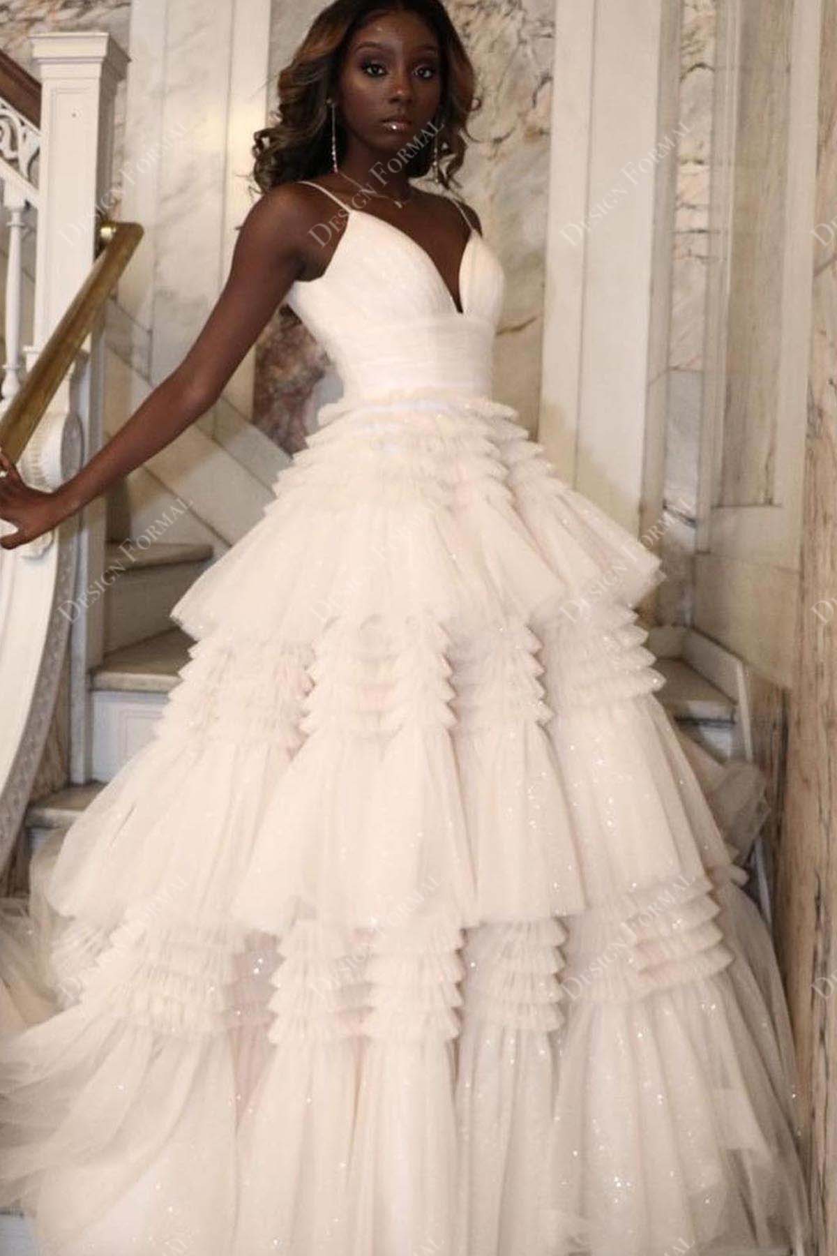 spaghetti straps ruffled tiered tulle wedding dress