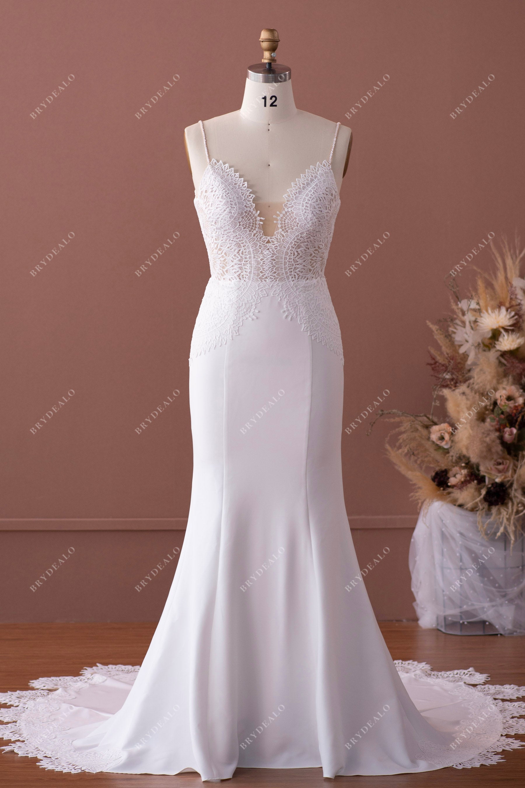 Beaded Straps Boho Scalloped Plunging Neck Crepe Wedding Dress Beaded Straps Boho Scalloped Plunging Neck Crepe Wedding Dress