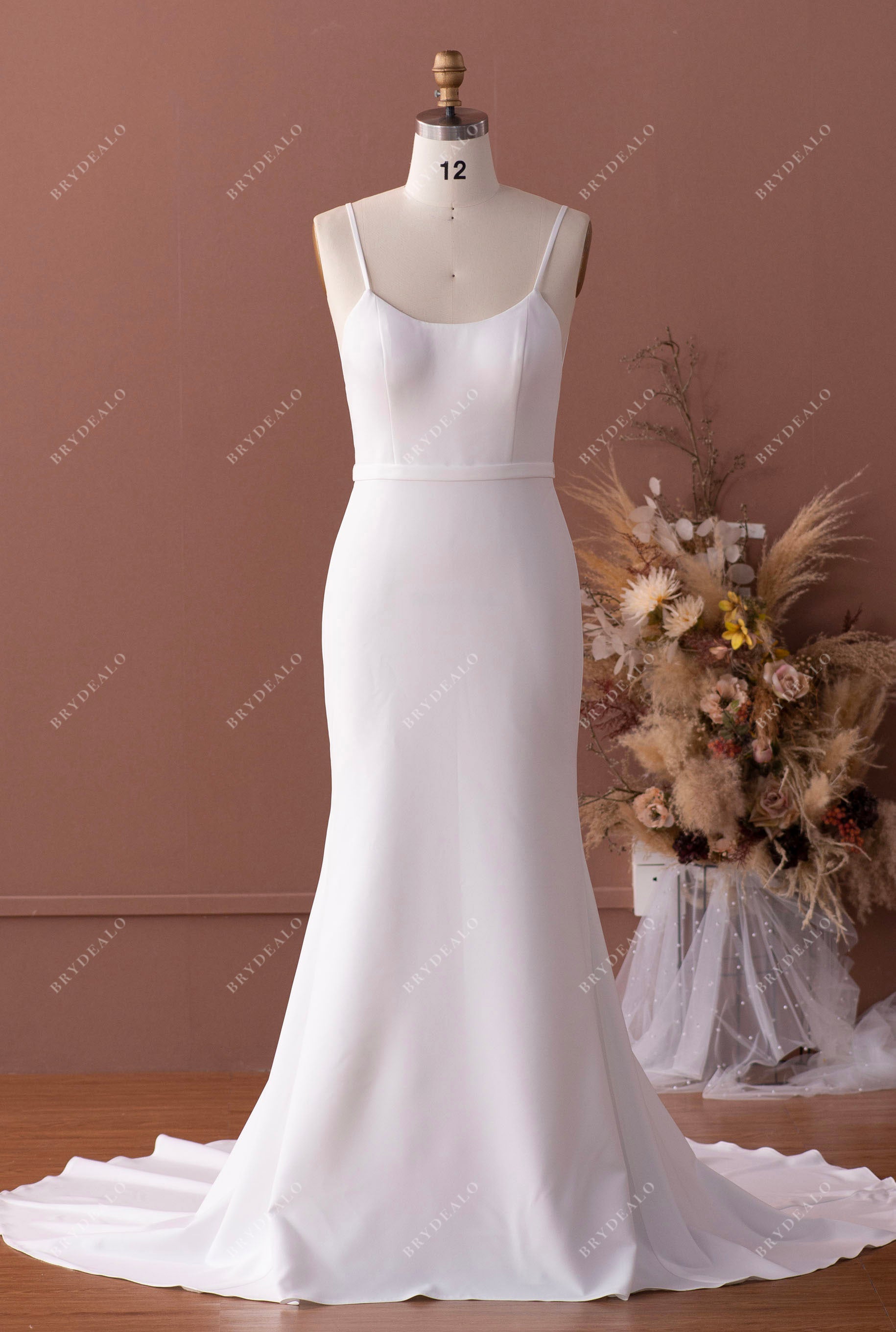spaghetti straps scoop mermaid crepe wedding dress