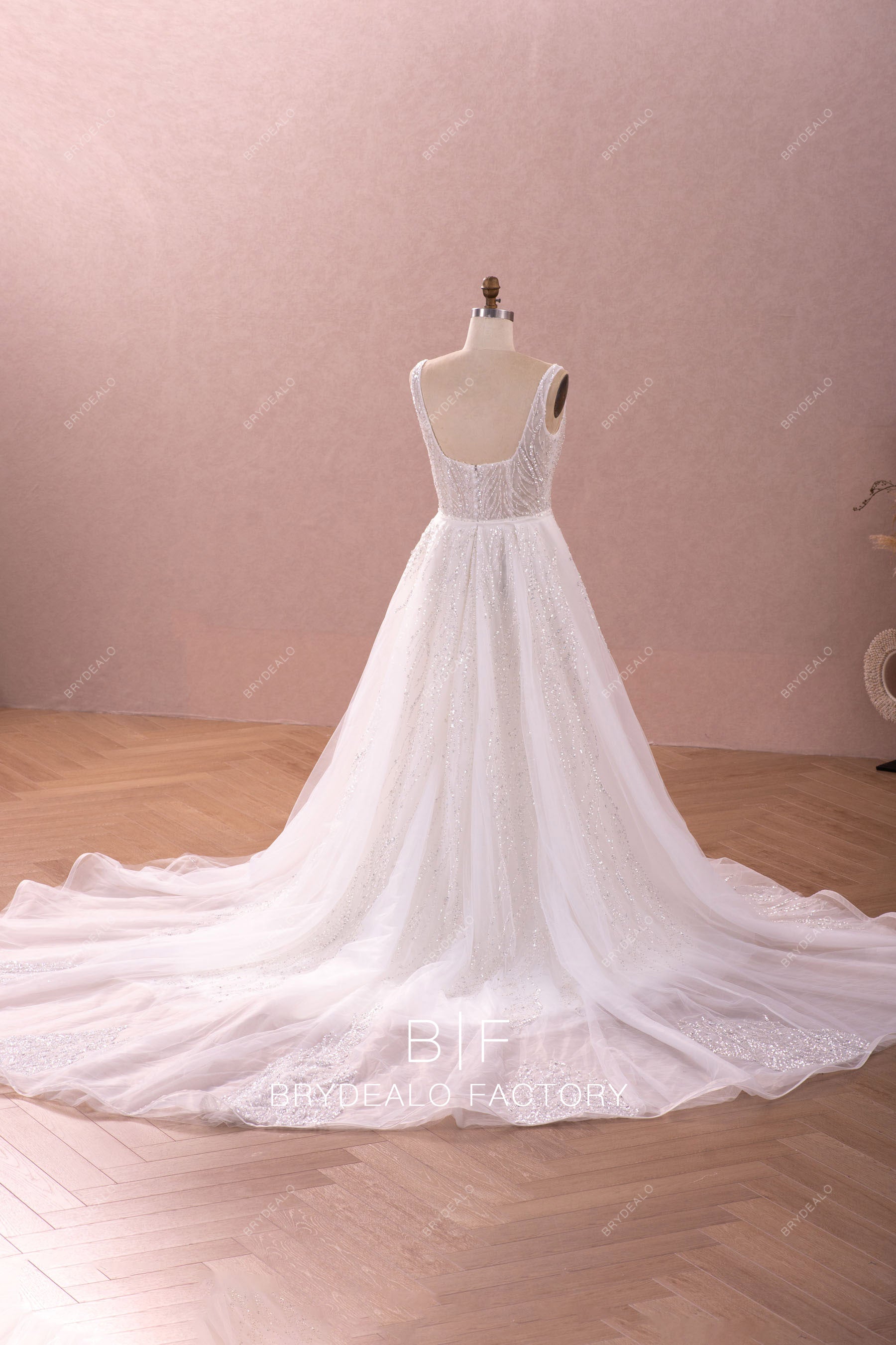 long train modern overskirt open back wedding dress