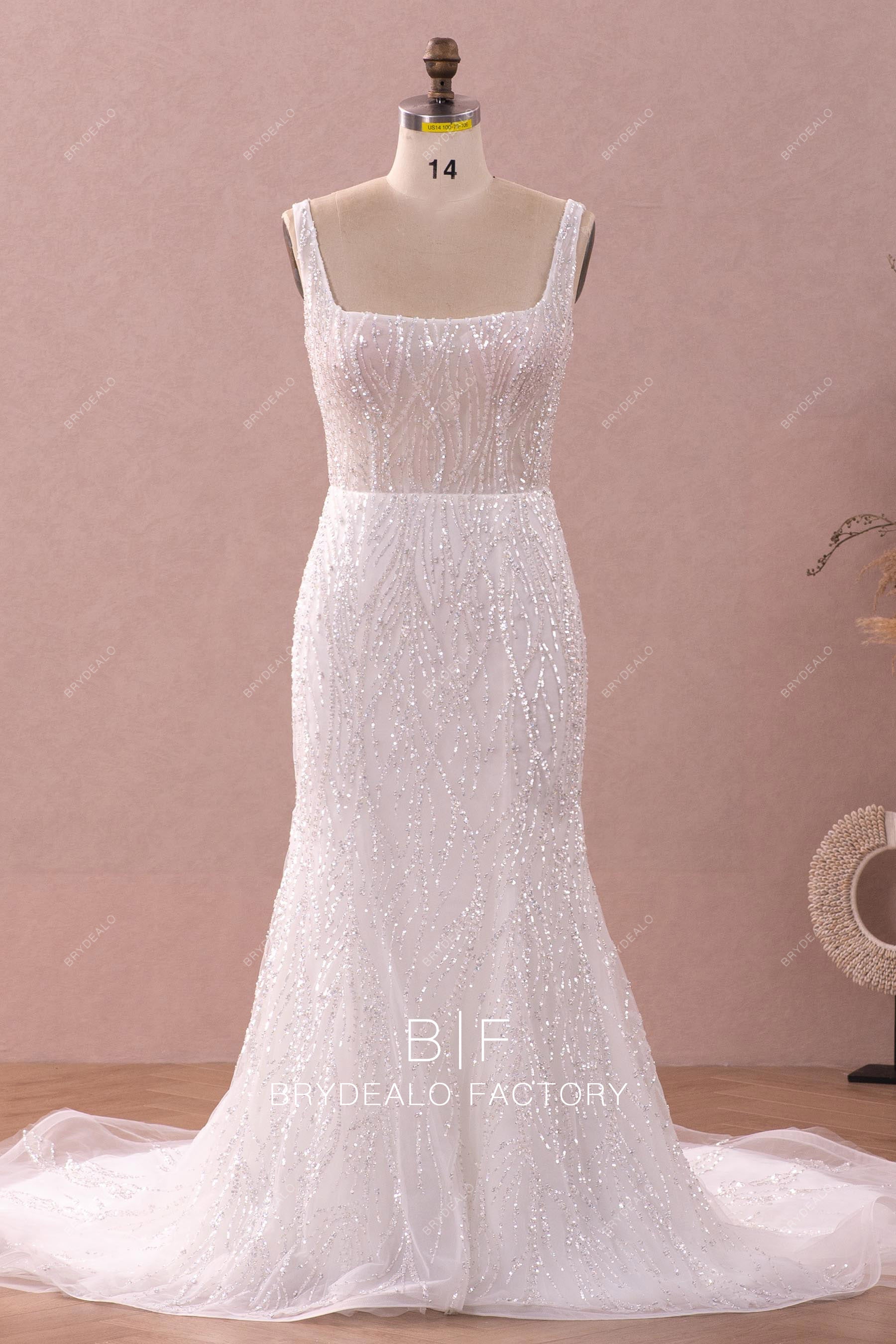 sleeveless square neck mermaid sparkly wedding gown