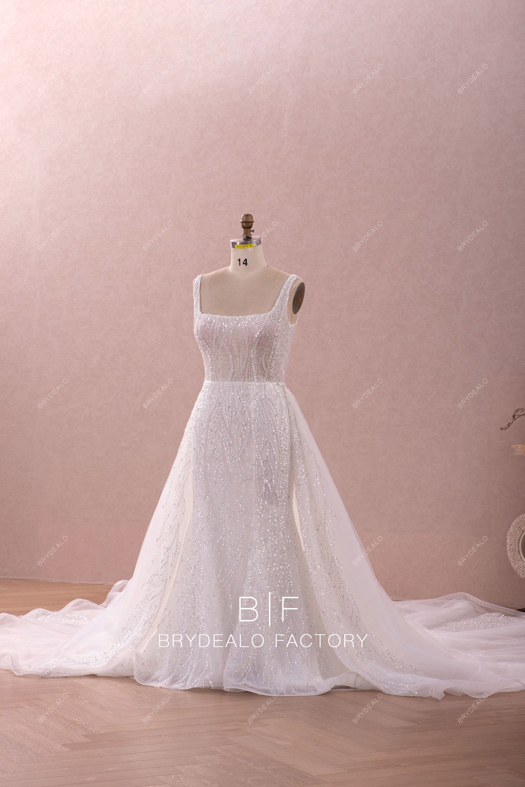 sleeveless square neck glitter overskirt wedding dress