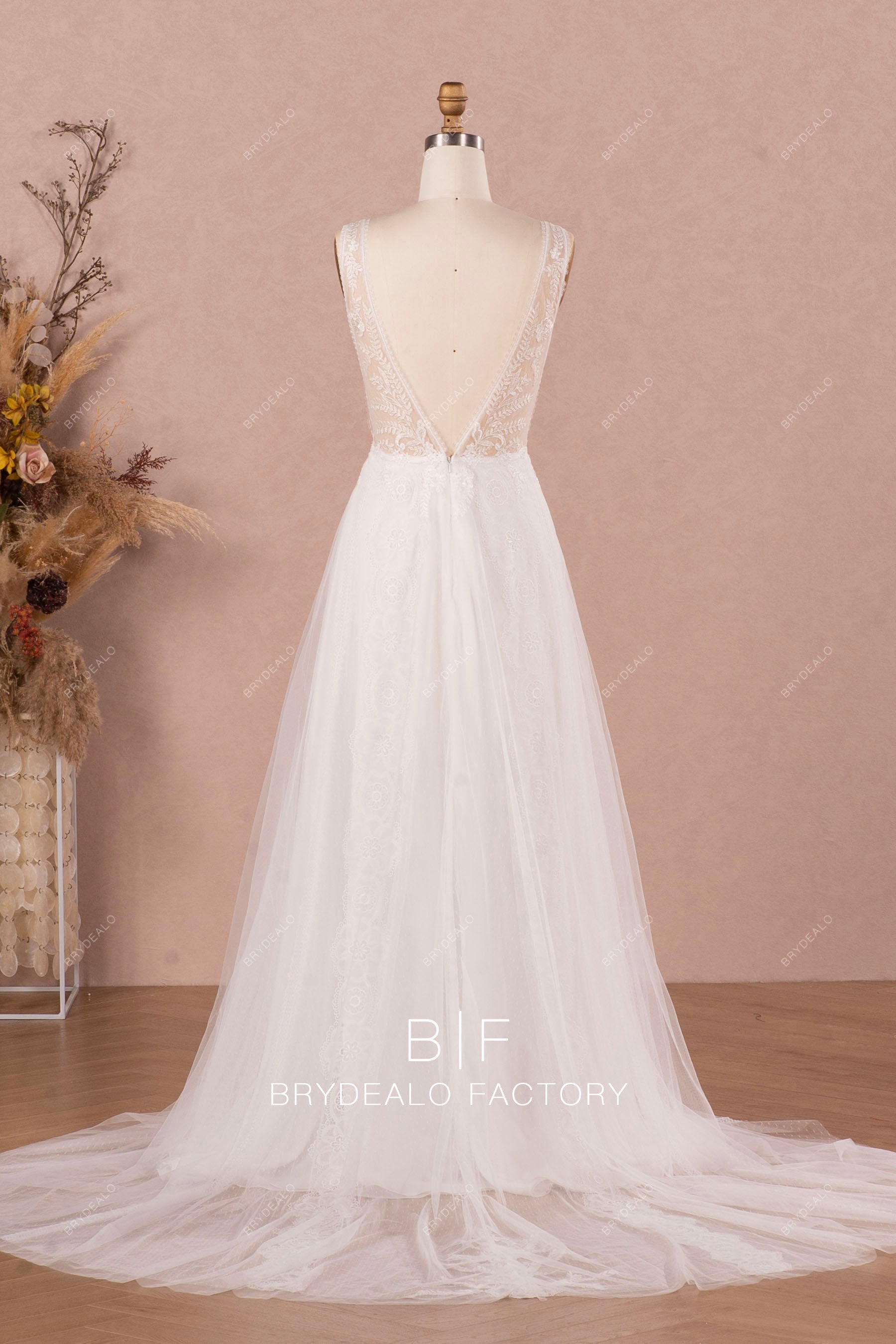 sleeveless V-back long train spring boho wedding dress