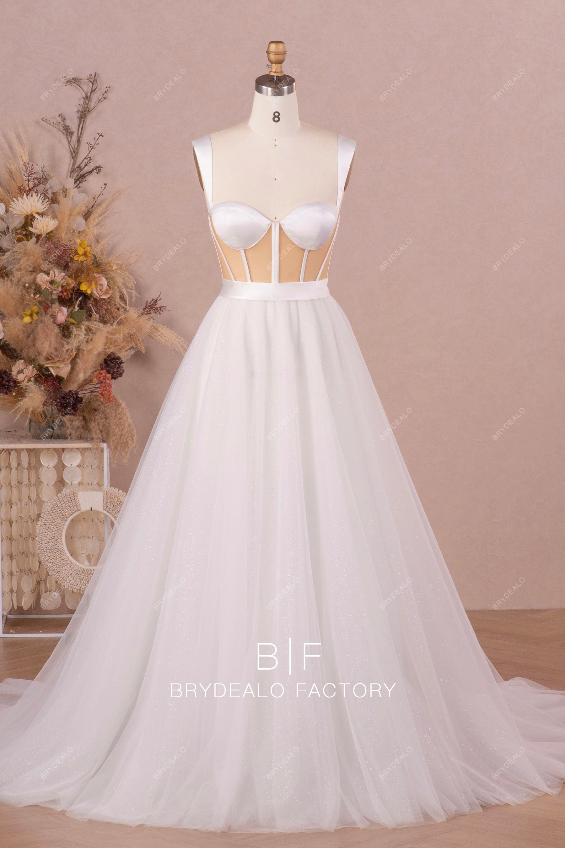 sleeveless exposed boning corset Aline wedding gown