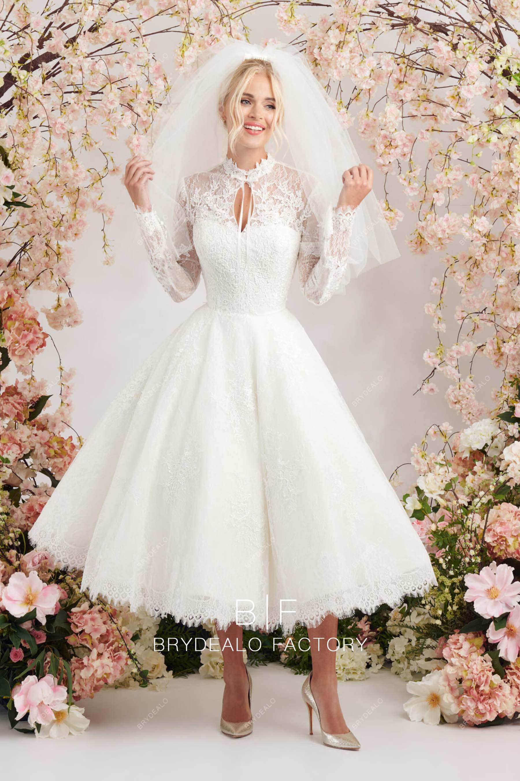 classic keyhole neck lace tea length bridal dress
