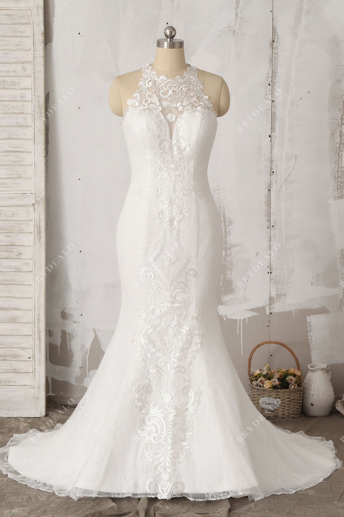 Sleeveless Stylish Lace Illusion Halter Mermaid Timeless Wedding Dress