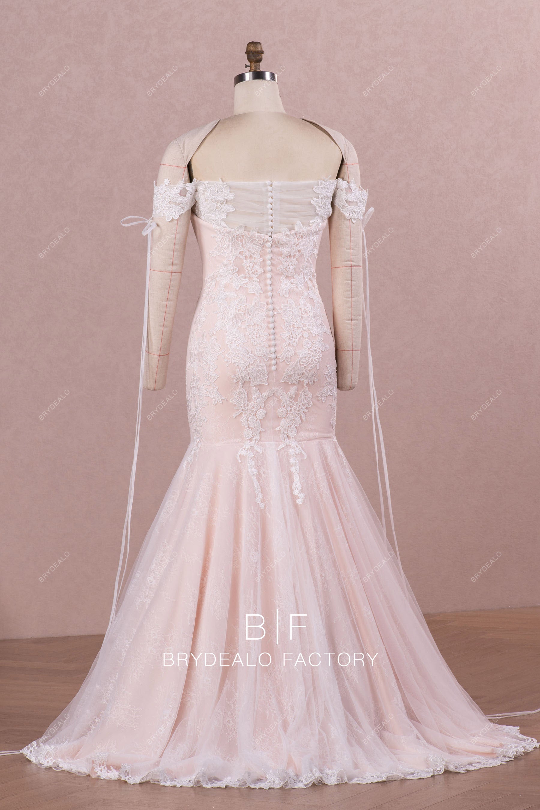 sweep train off shoulder blush pink bridal gown