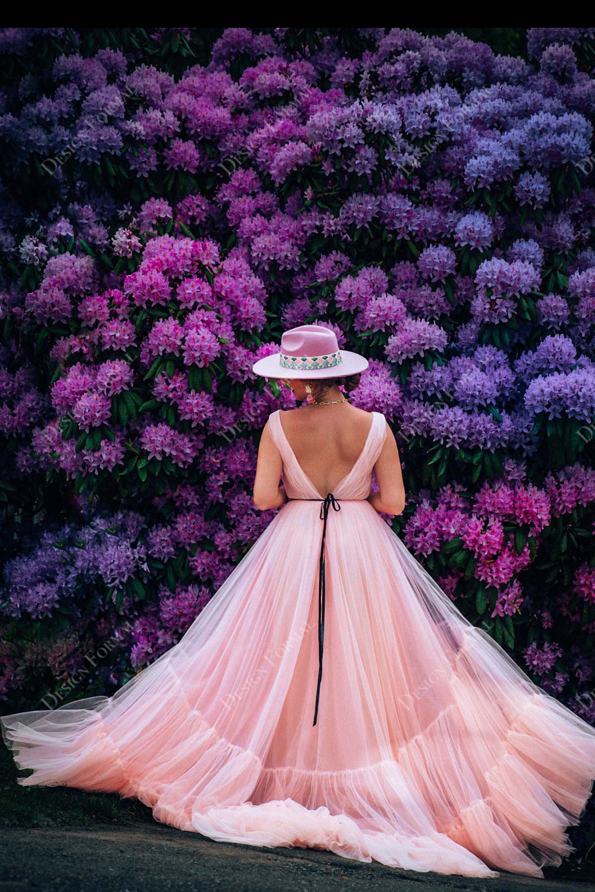 sweep train pink tulle sleeveless prom dress