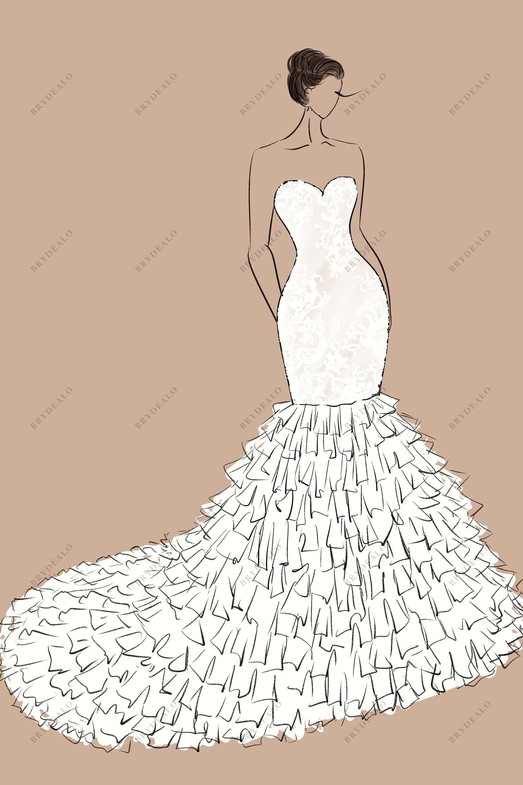 Sweetheart Neck Ruffled Trumpet Wedding Gown Sketch