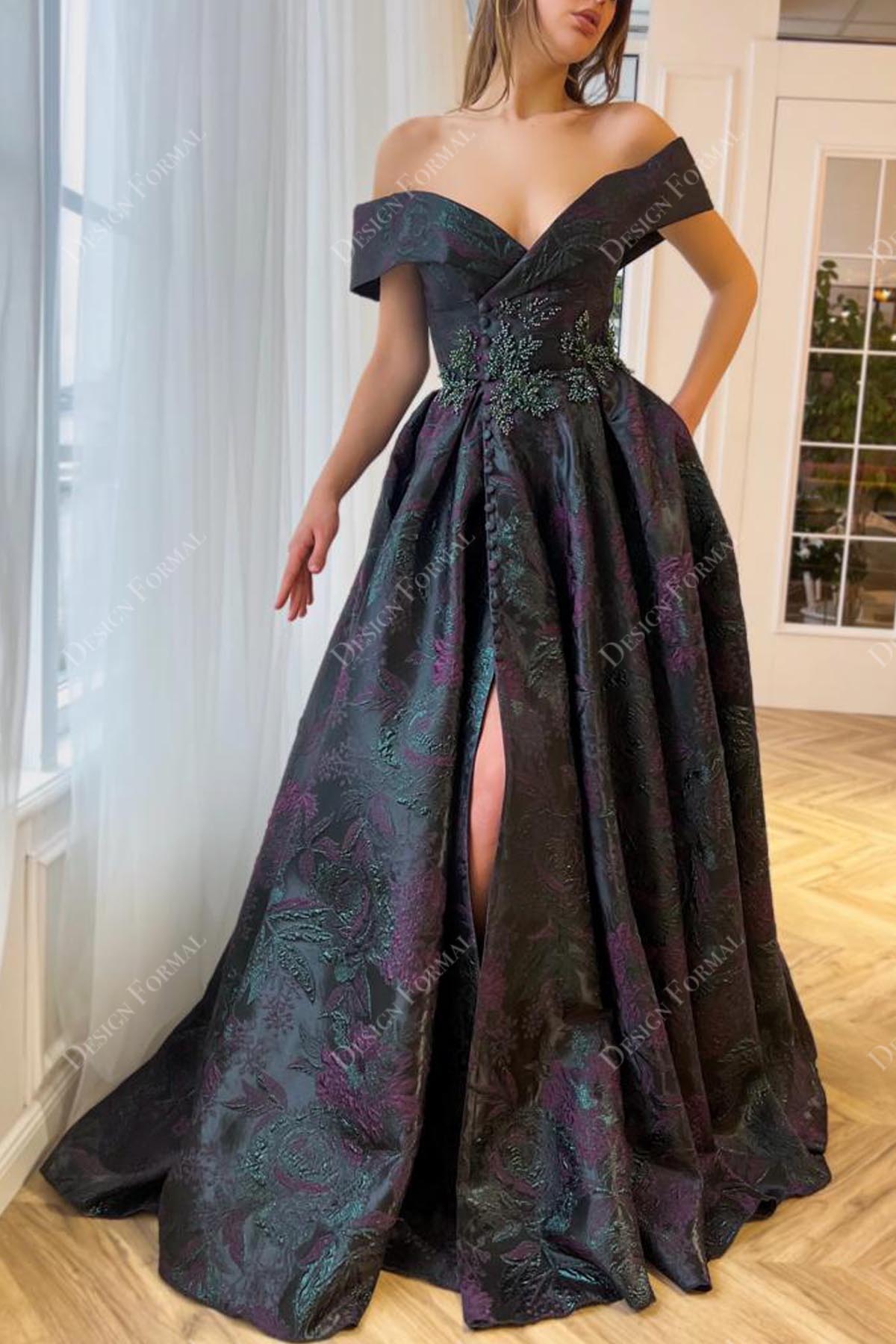 Off Shoulder V-Neck Custom Jacquard Slit A-Line Dress Off Shoulder V-Neck Custom Jacquard Slit A-Line Dress