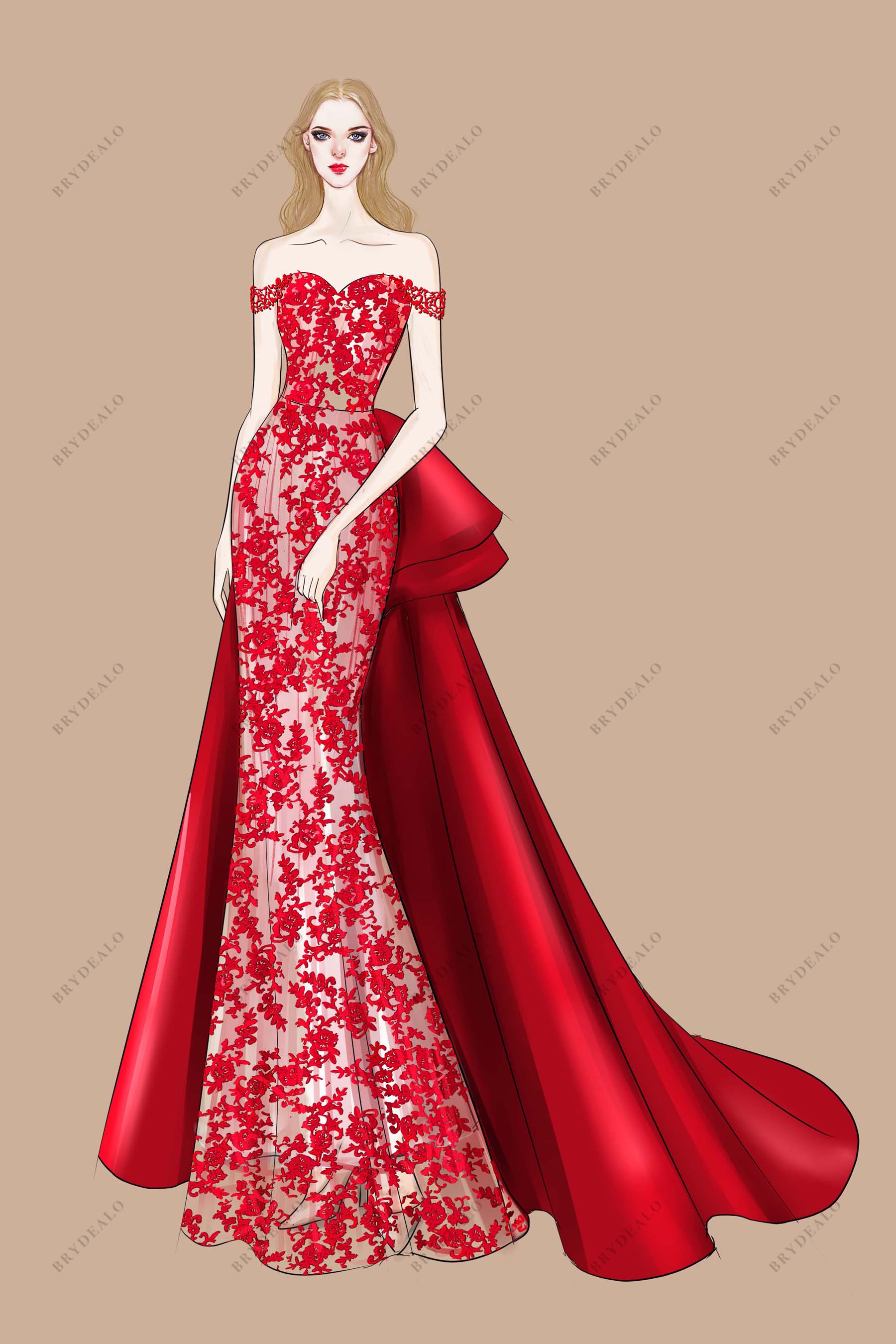 Fashion Red Off Shoulder Lace Satin Overskirt Prom Dress Sketch, The Shown Sketch Fashion Red Off Shoulder Lace Satin Overskirt Prom Dress Sketch, The Shown Sketch