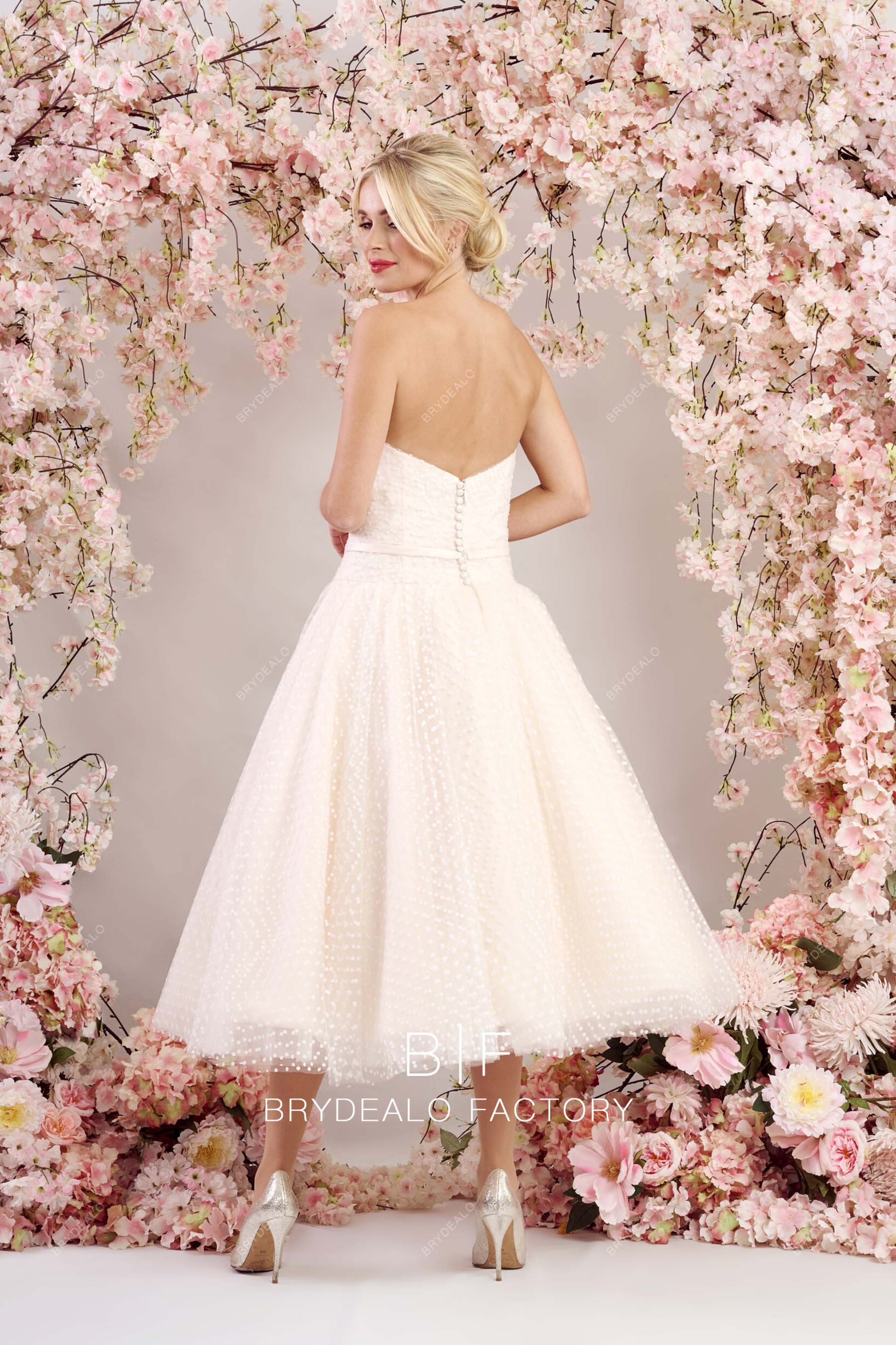 tea length open back drop waist champagne wedding gown