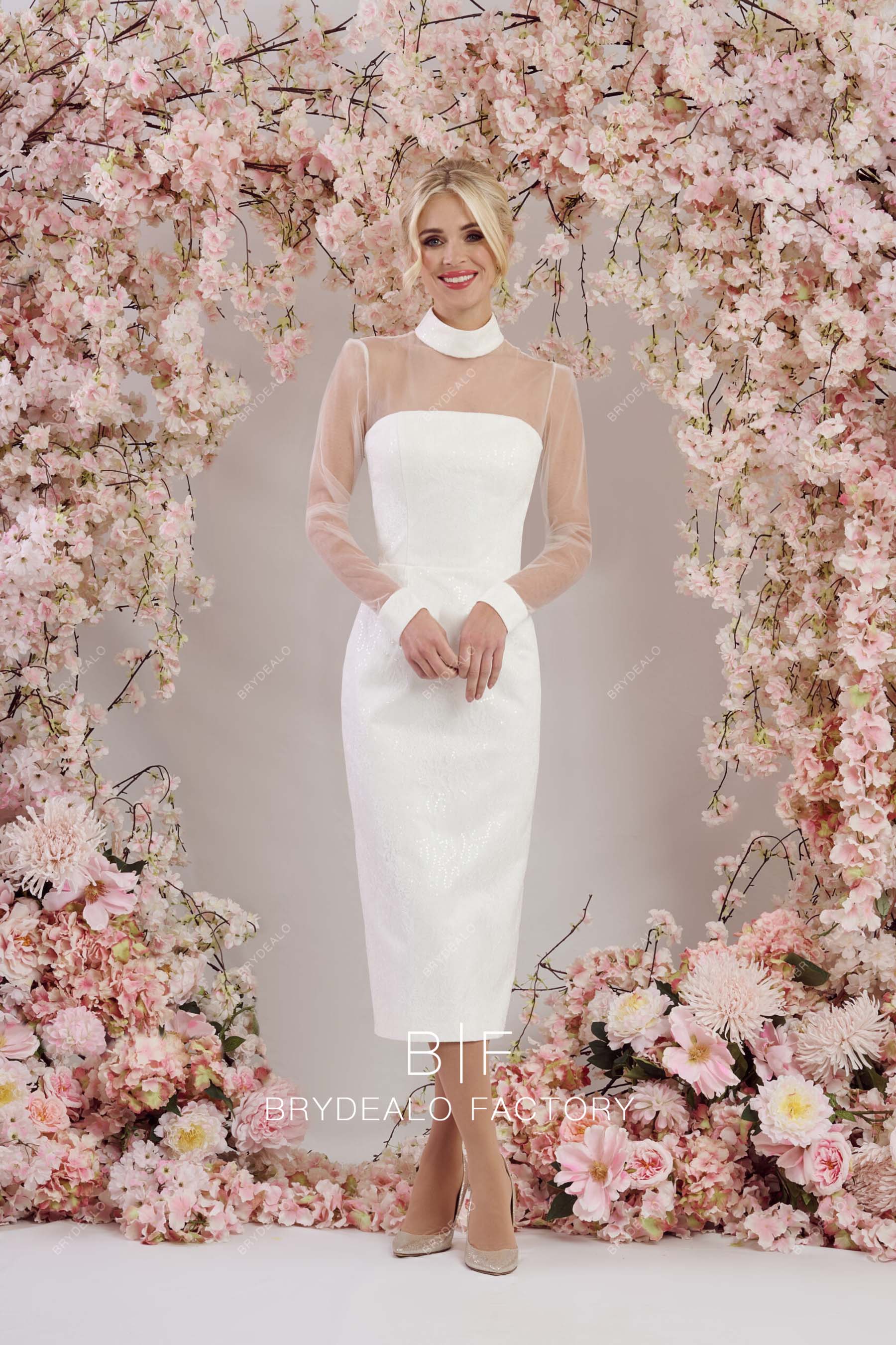 white pencil dress Custom Retro Mock Neck Long Sleeves Tea Length Pencil Wedding Dress