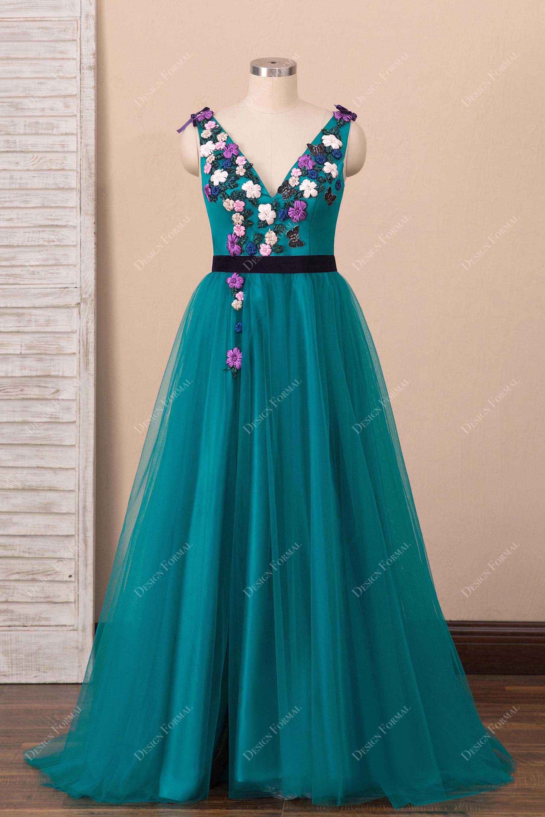teal tulle 3D flowers V neck prom dress