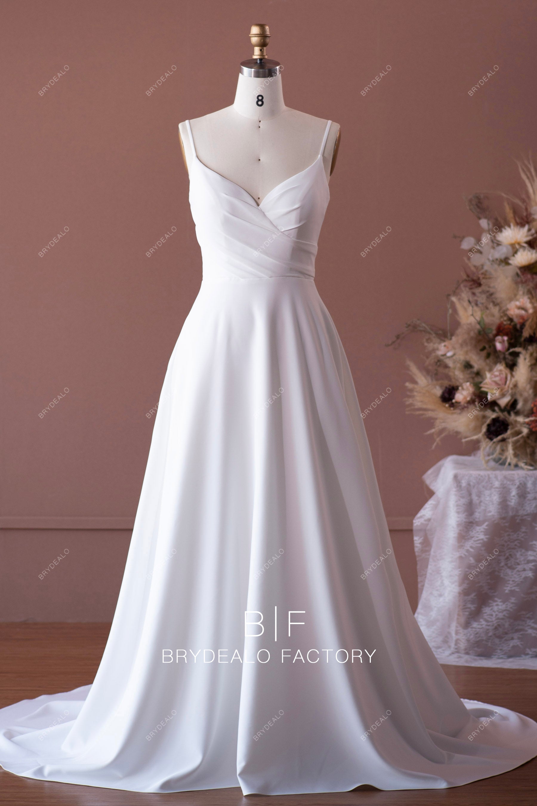 Pleated Crepe Simple Thin Straps A-line Long Train Wedding Dress, Black Pleated Crepe Simple Thin Straps A-line Long Train Wedding Dress, Black