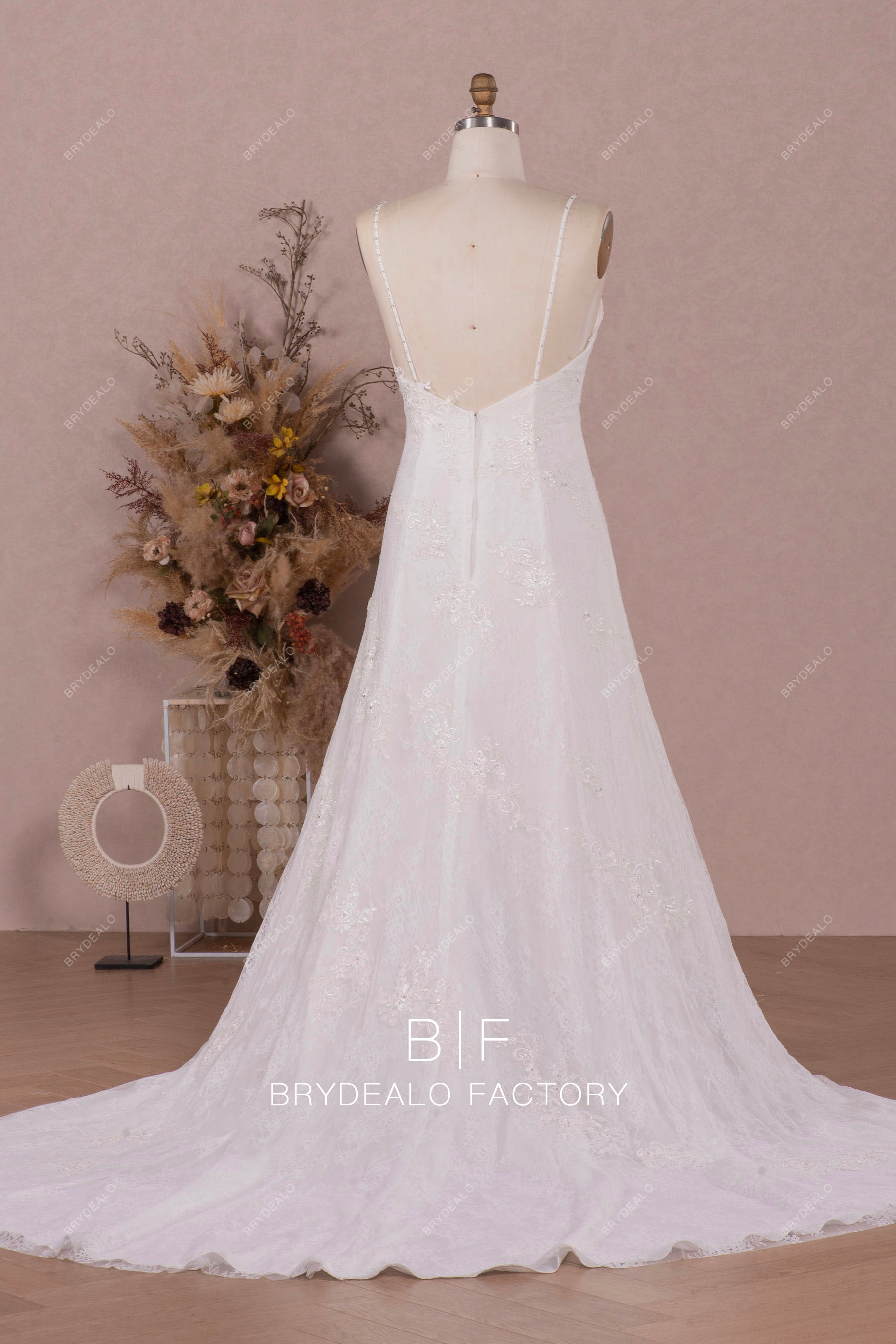 open back long train designer lace bridal dress