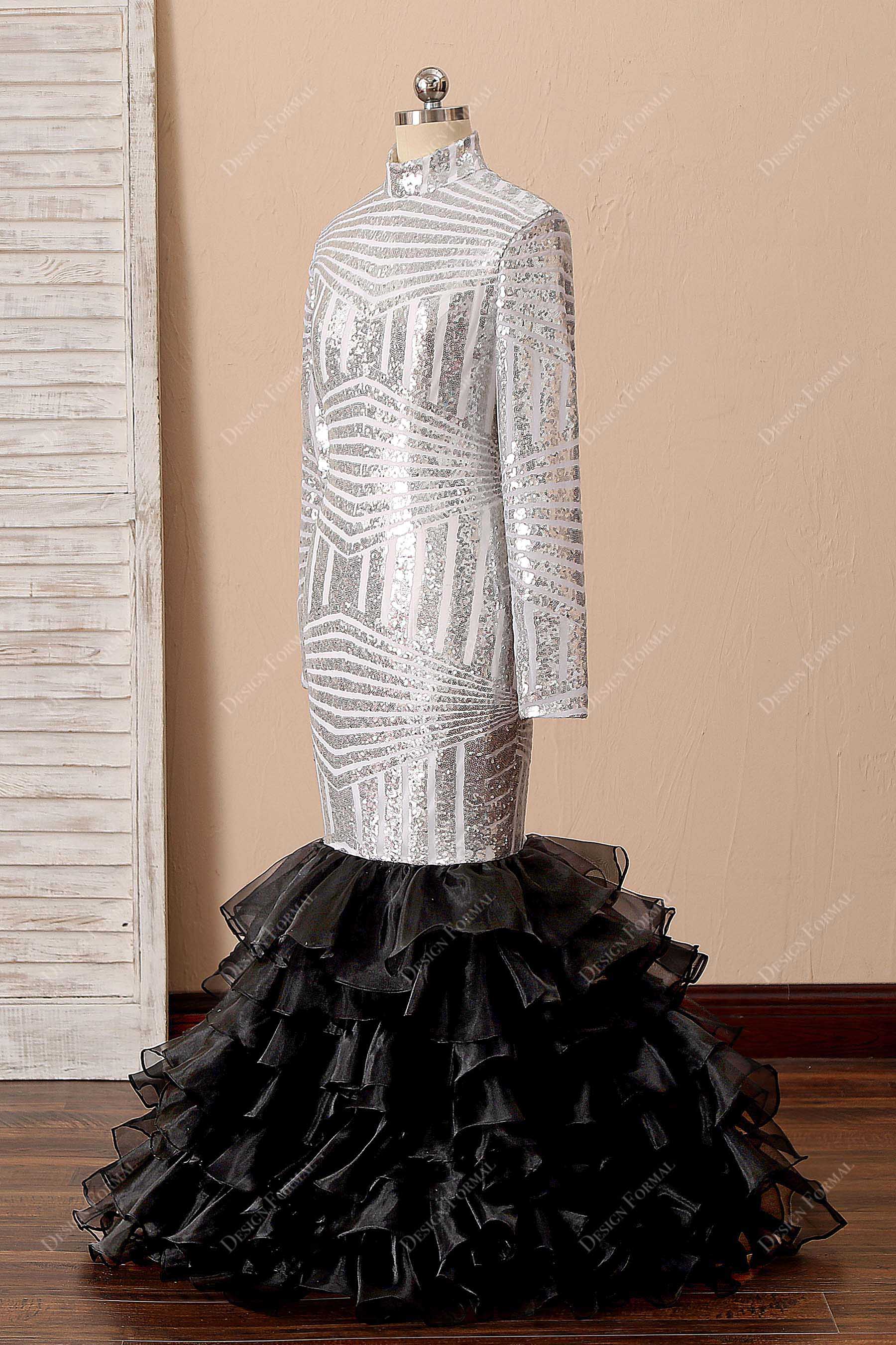 tiered black organza trumpet prom dress