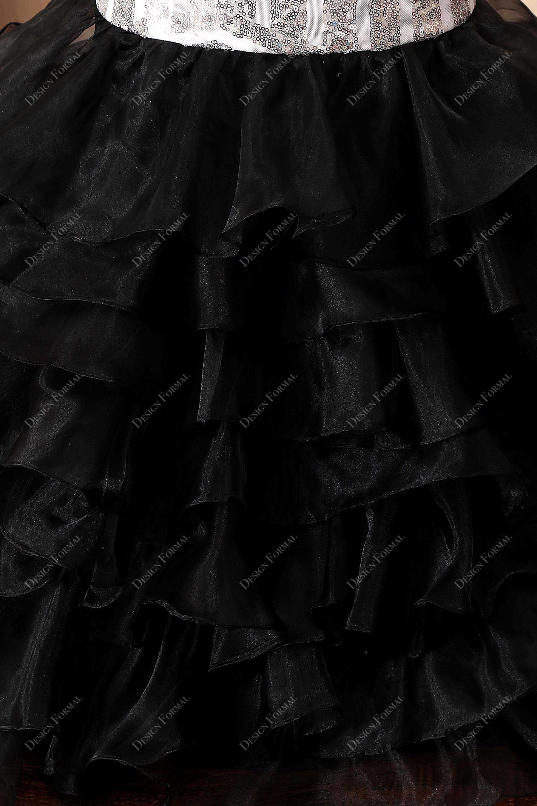 tiered ruffled organza black trumpet dress