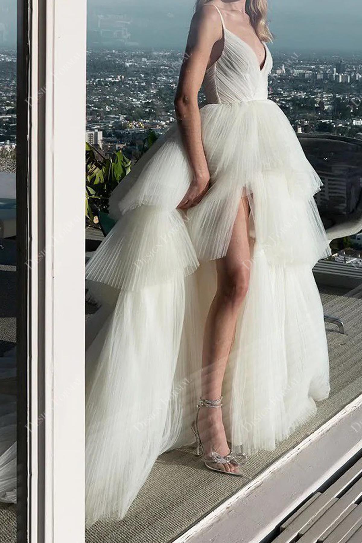 trendy long train pleated tulle slit fall bridal dress