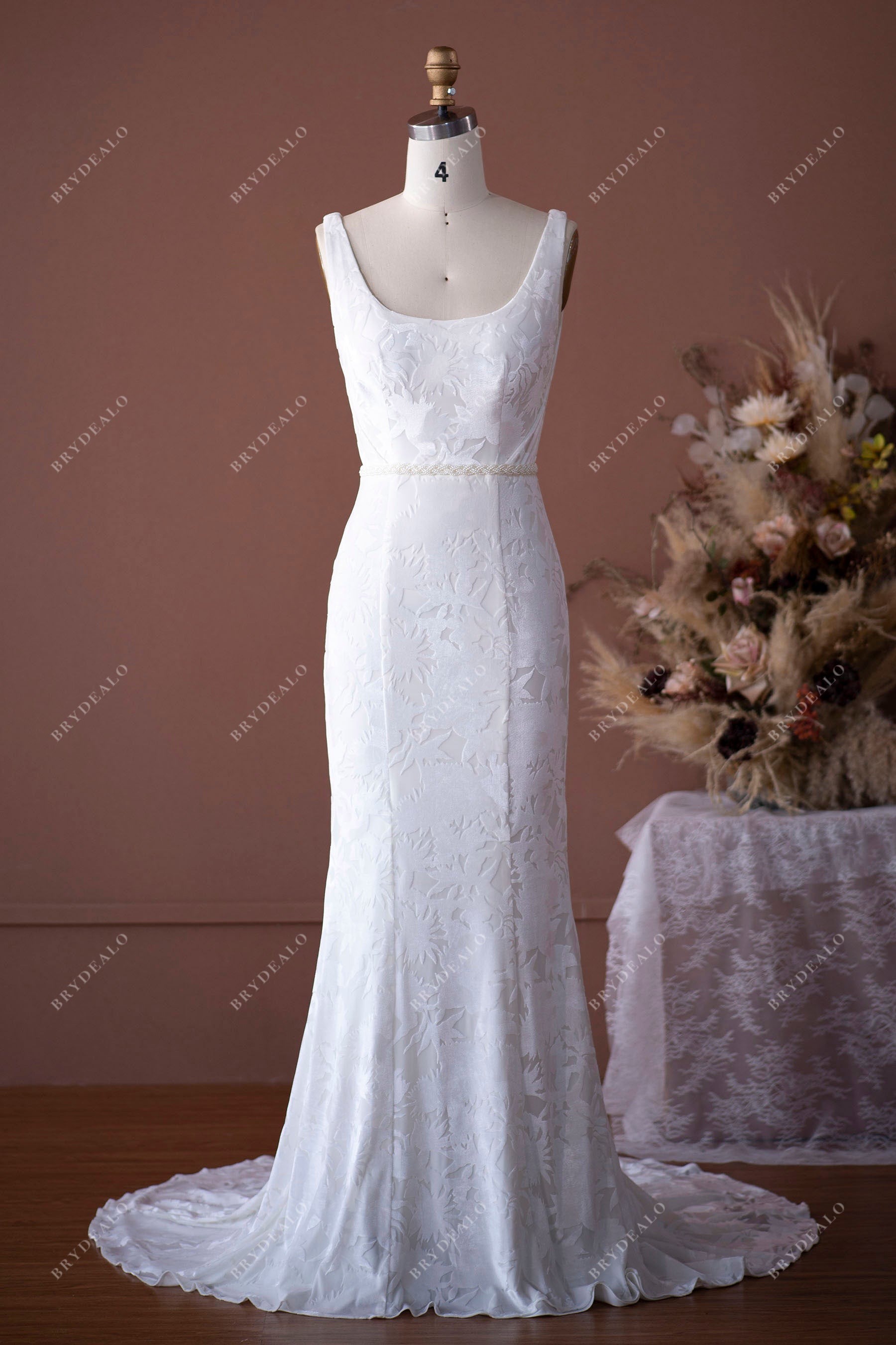Designer Burnout Velvet Square Neck Mermaid Classic Wedding Dress Designer Burnout Velvet Square Neck Mermaid Classic Wedding Dress