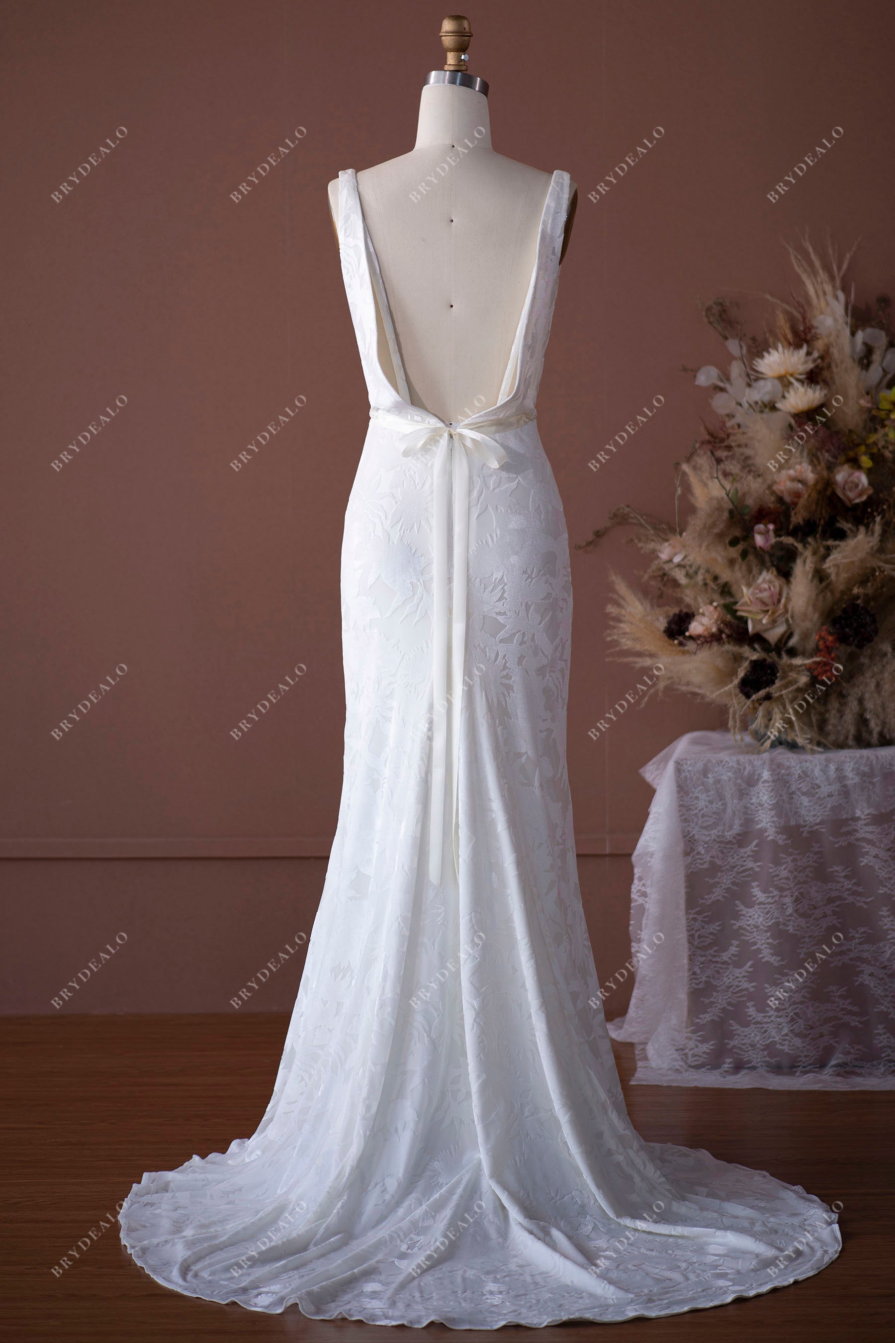 Open Cowl Back Vintage Velvet Court Train Bridal Gown