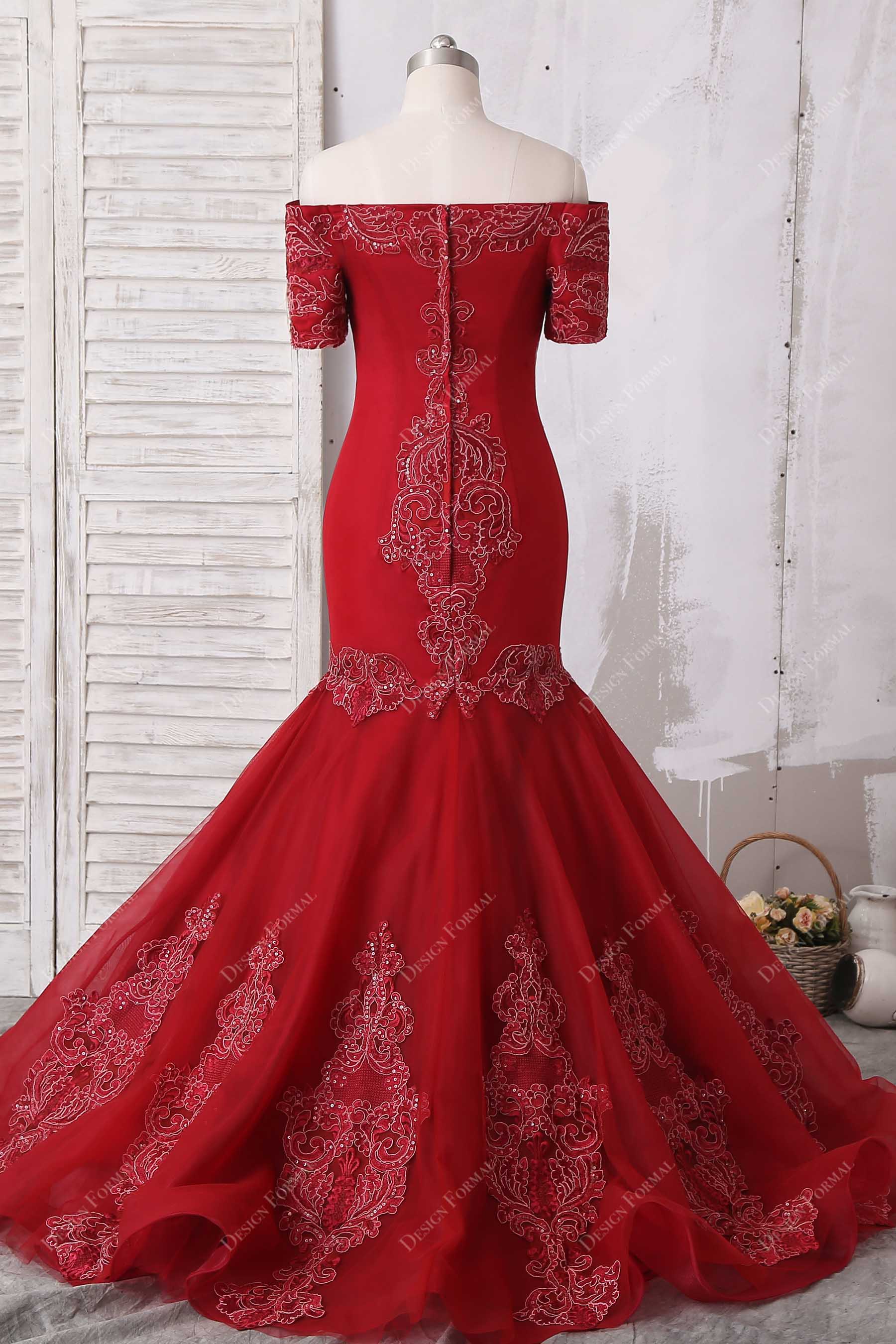 trumpet red off-shoulder prom dress