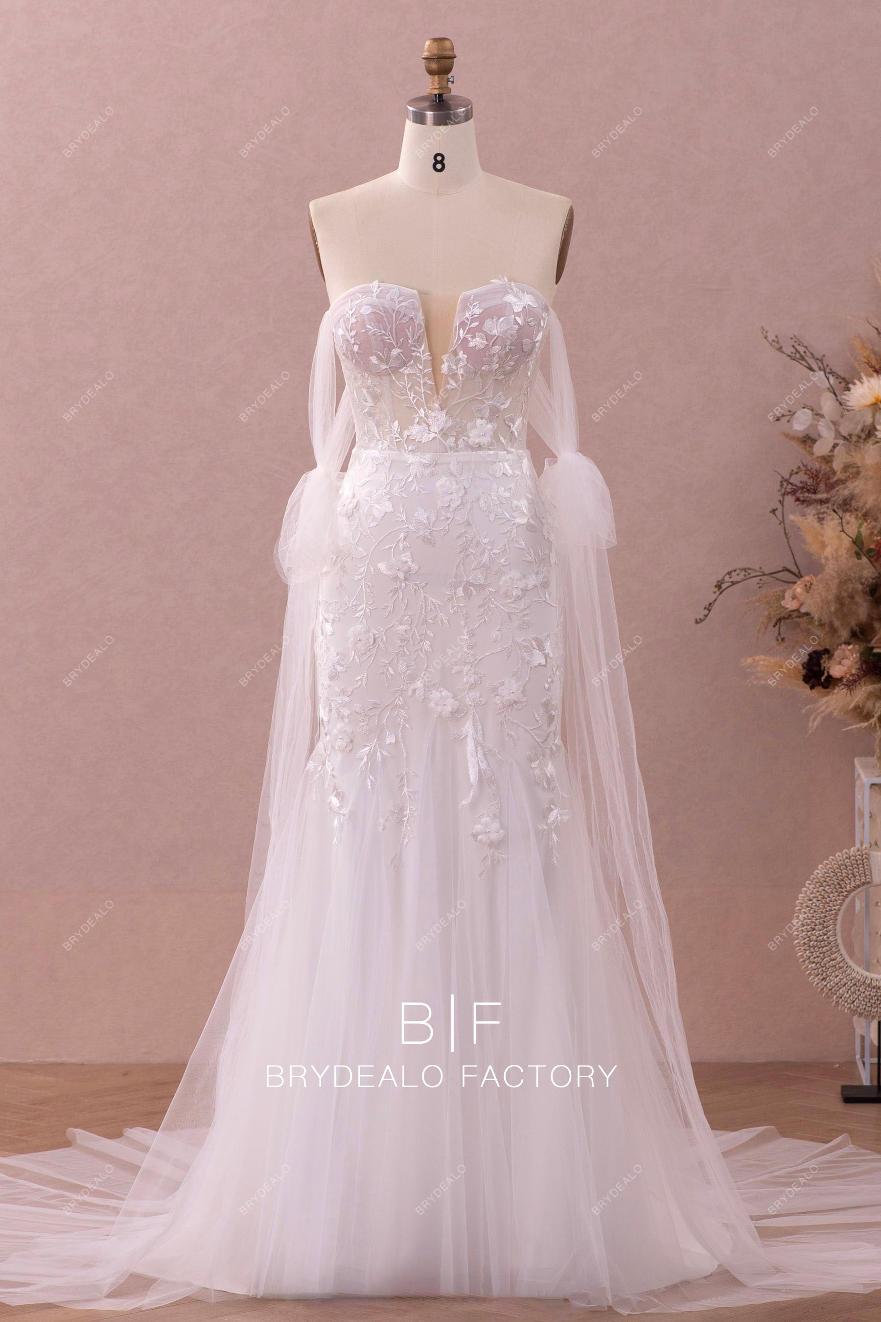 off shoulder tulle straps trumpet lace wedding dress