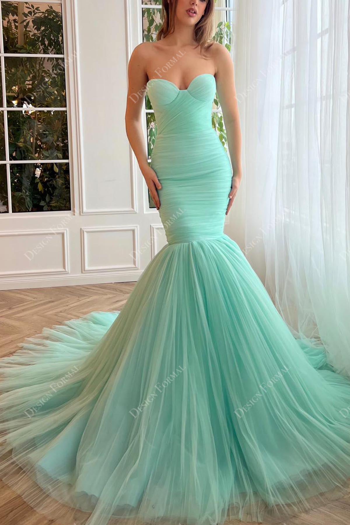 Turquoise Strapless Pleated Tulle Custom-made Trumpet Prom Formal Gown