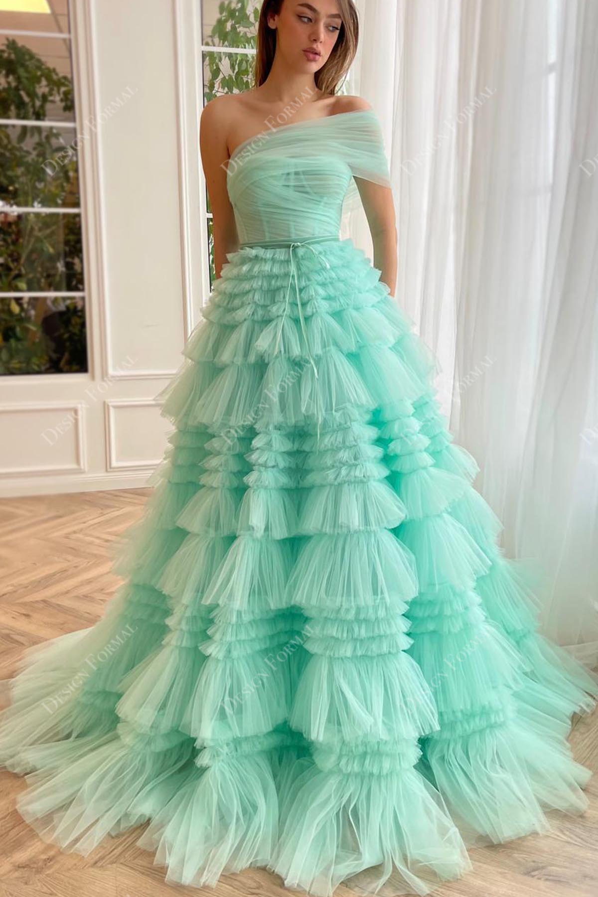 Turquoise Tiered Pleated Tulle One-shoulder Bridal Gown