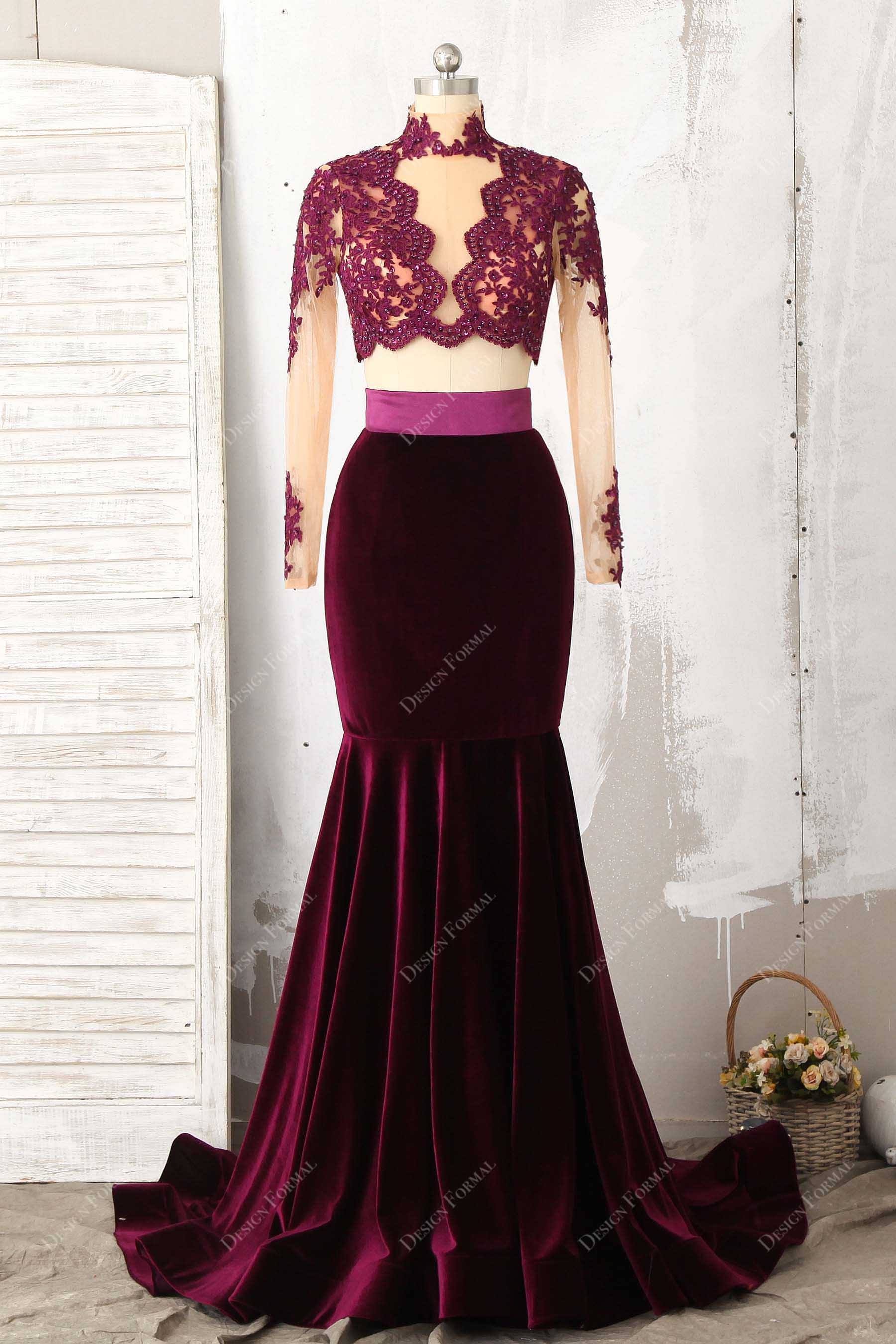 Two Piece Plum Lace Velvet Mermaid Prom Dress
