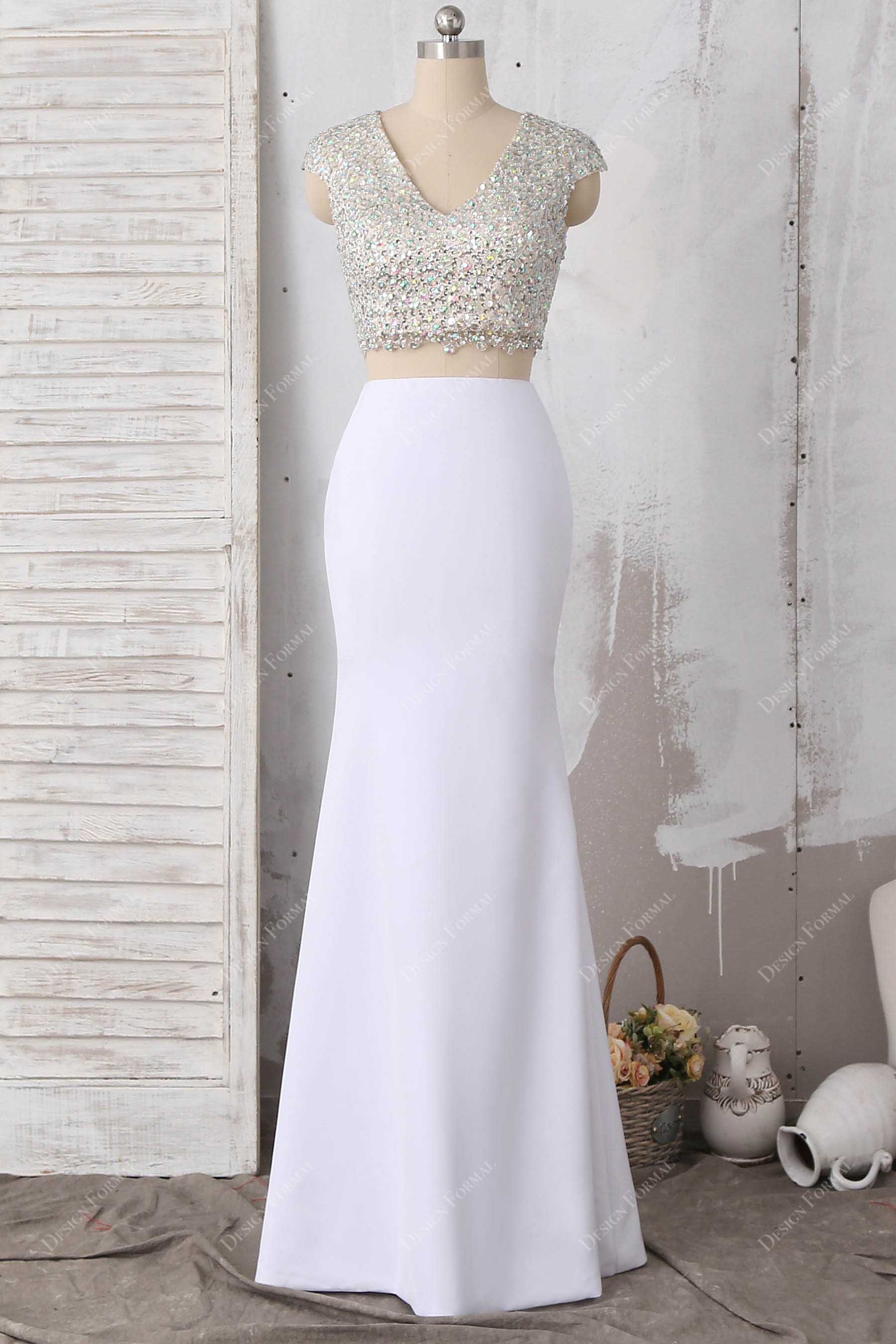 White Matte Crepe Crystals Cap Sleeve Two-Piece Dress White Matte Crepe Crystals Cap Sleeve Two-Piece Dress