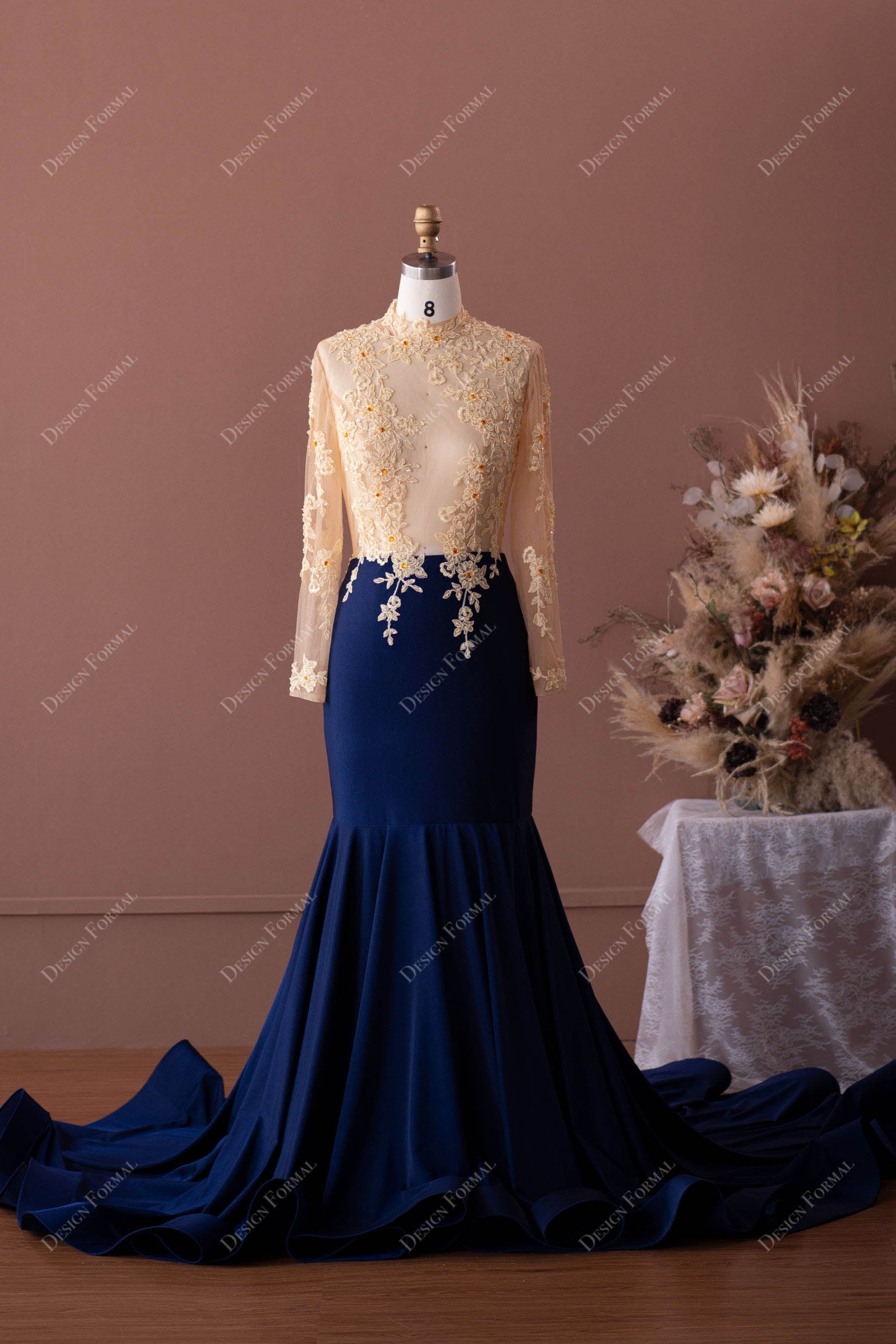 Two-Tone Beaded Lace Jersey Mermaid Sexy See-through Top Prom Dress Two-Tone Beaded Lace Jersey Mermaid Sexy See-through Top Prom Dress