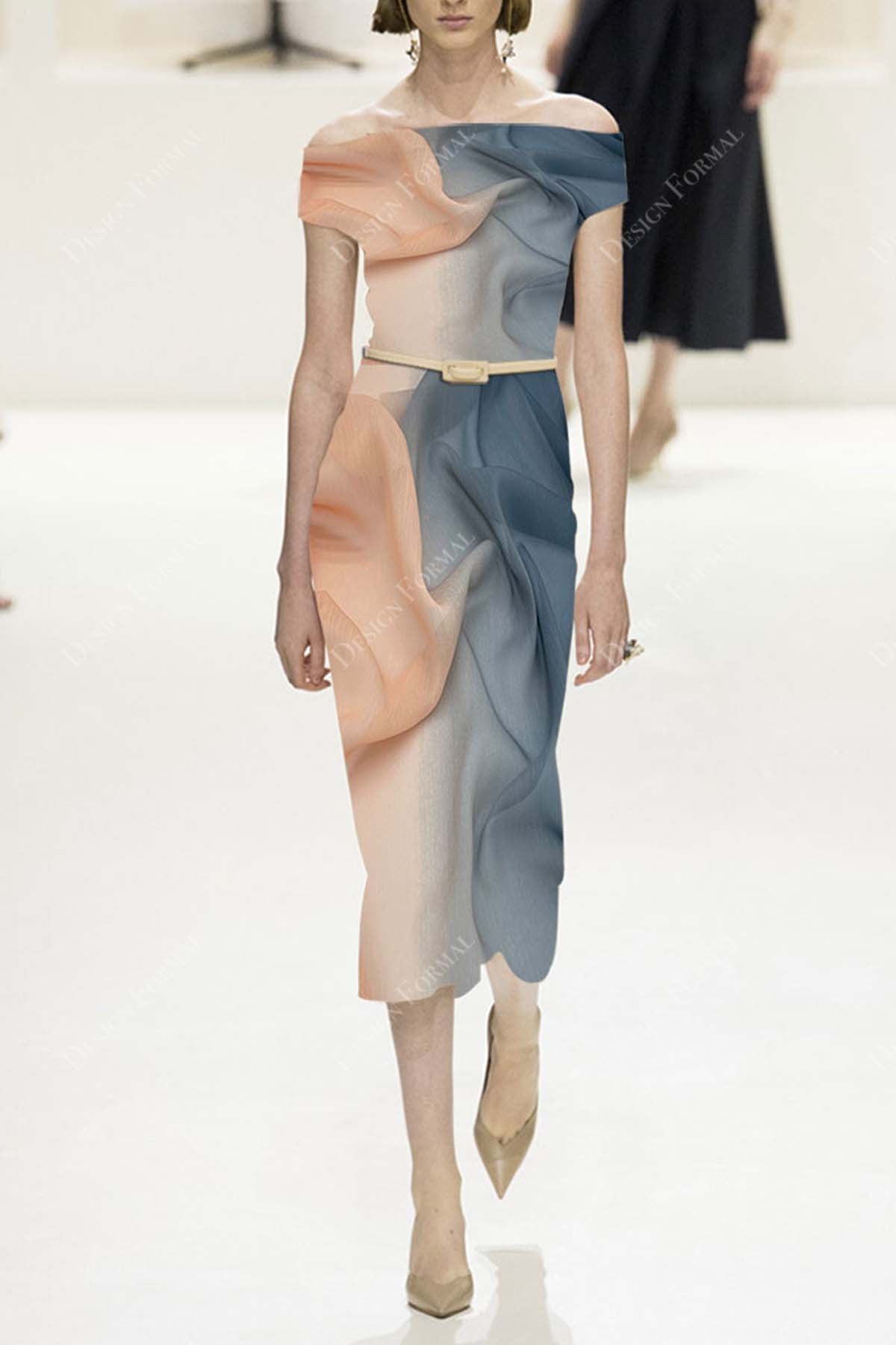 two-tone chiffon off shoulder tea length dress