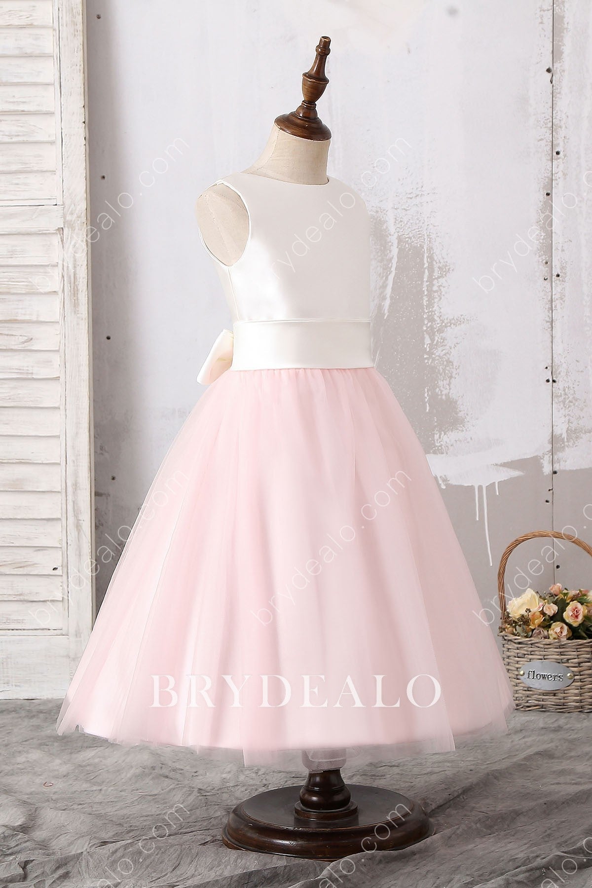 Sleeveless Tea Length Tulle Satin Flower Girl Dress Online