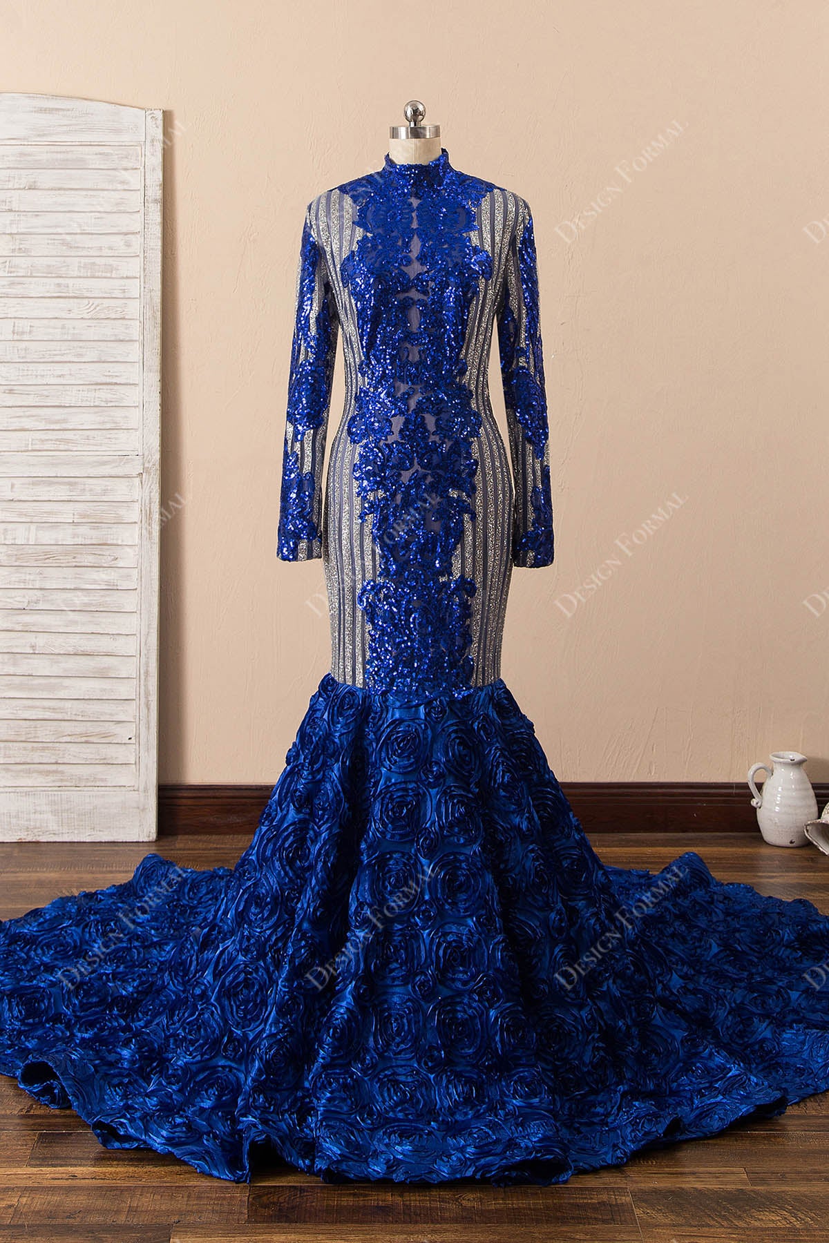 Two-tone Sequin Long Sleeve 3D Rosettes Mermaid Prom Dress