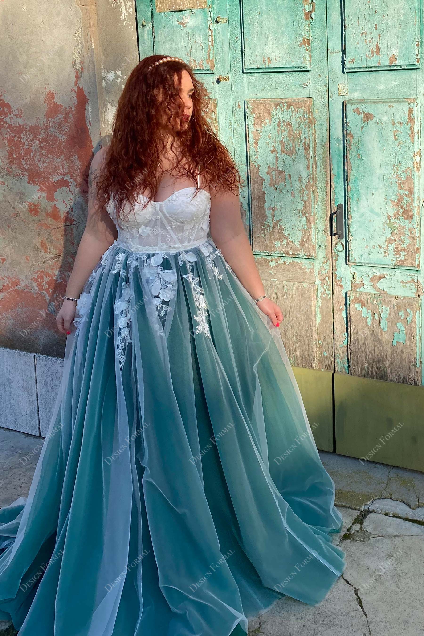 Two-tone Lace Coset Designer A-line Tulle Green Bridal Prom Dress Two-tone Lace Coset Designer A-line Tulle Green Bridal Prom Dress