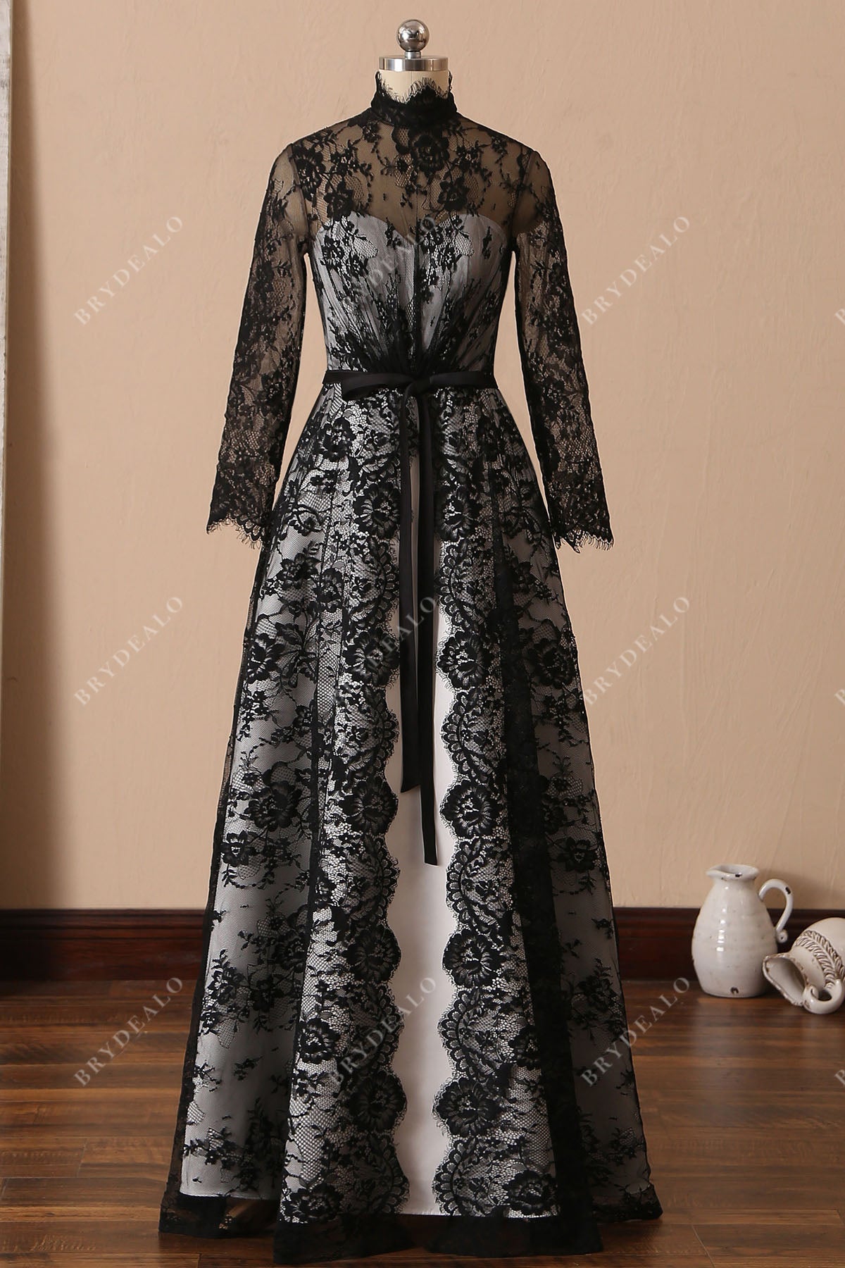 Unique Black Lace Overlaid Gothic A-Line Unconventional Bridal Dress, Black