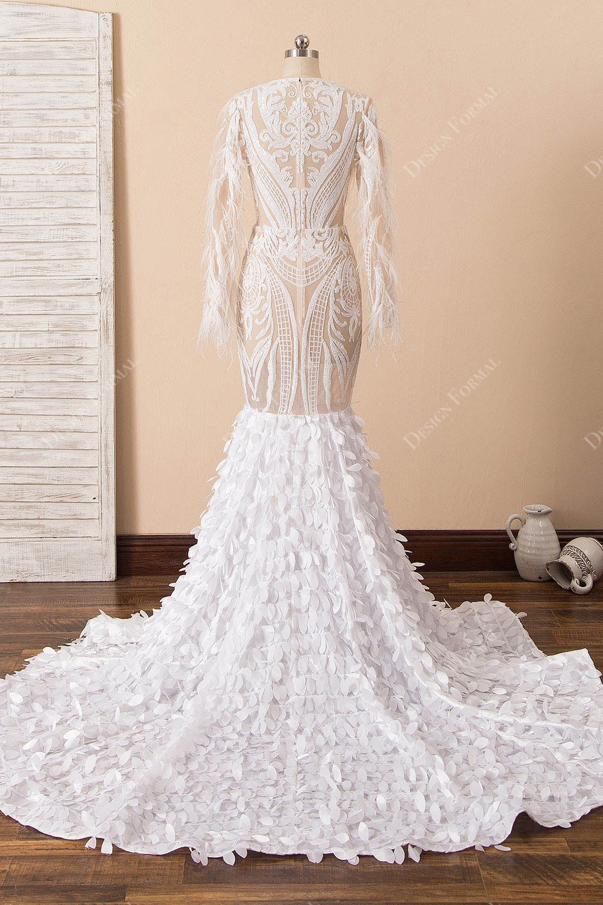 unique pattern sequin white 3d leaf mermaid gown