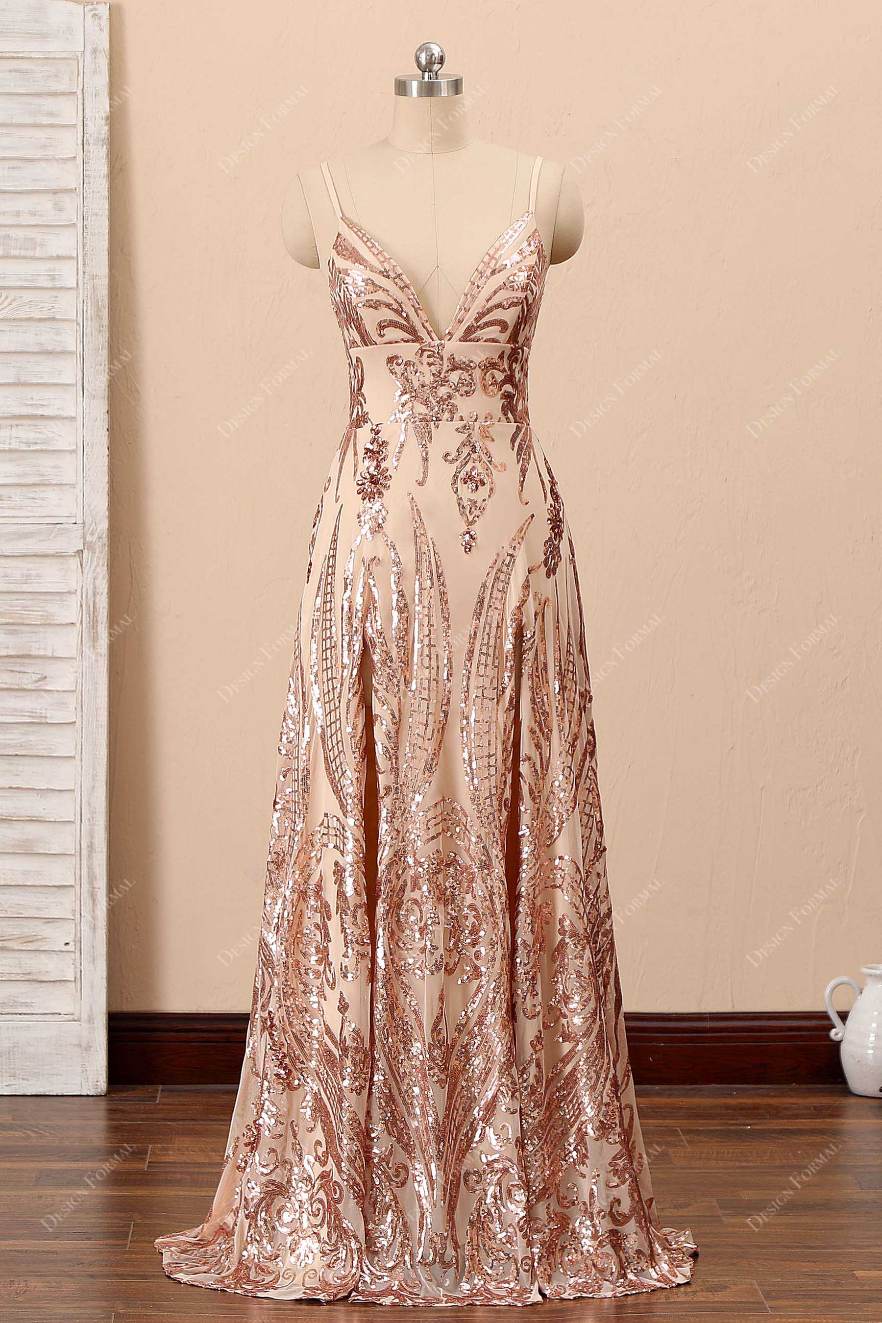 champagne sequin prom dress Long Beaded Sequin Formal Fitted Prom Dress main image 1