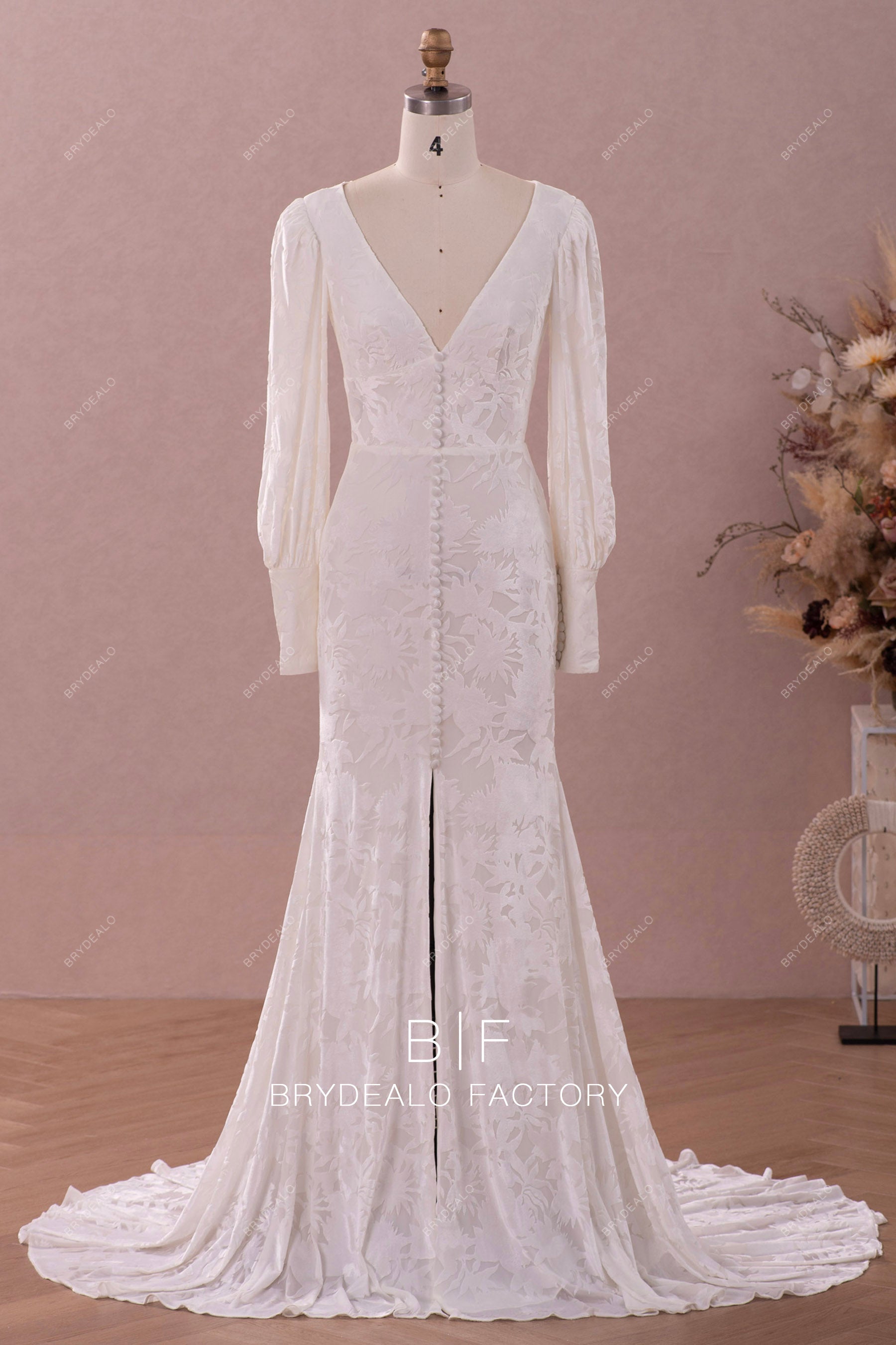 Vintage Bell Sleeve Designer Burnout Velvet Mermaid Fall Bridal Gown