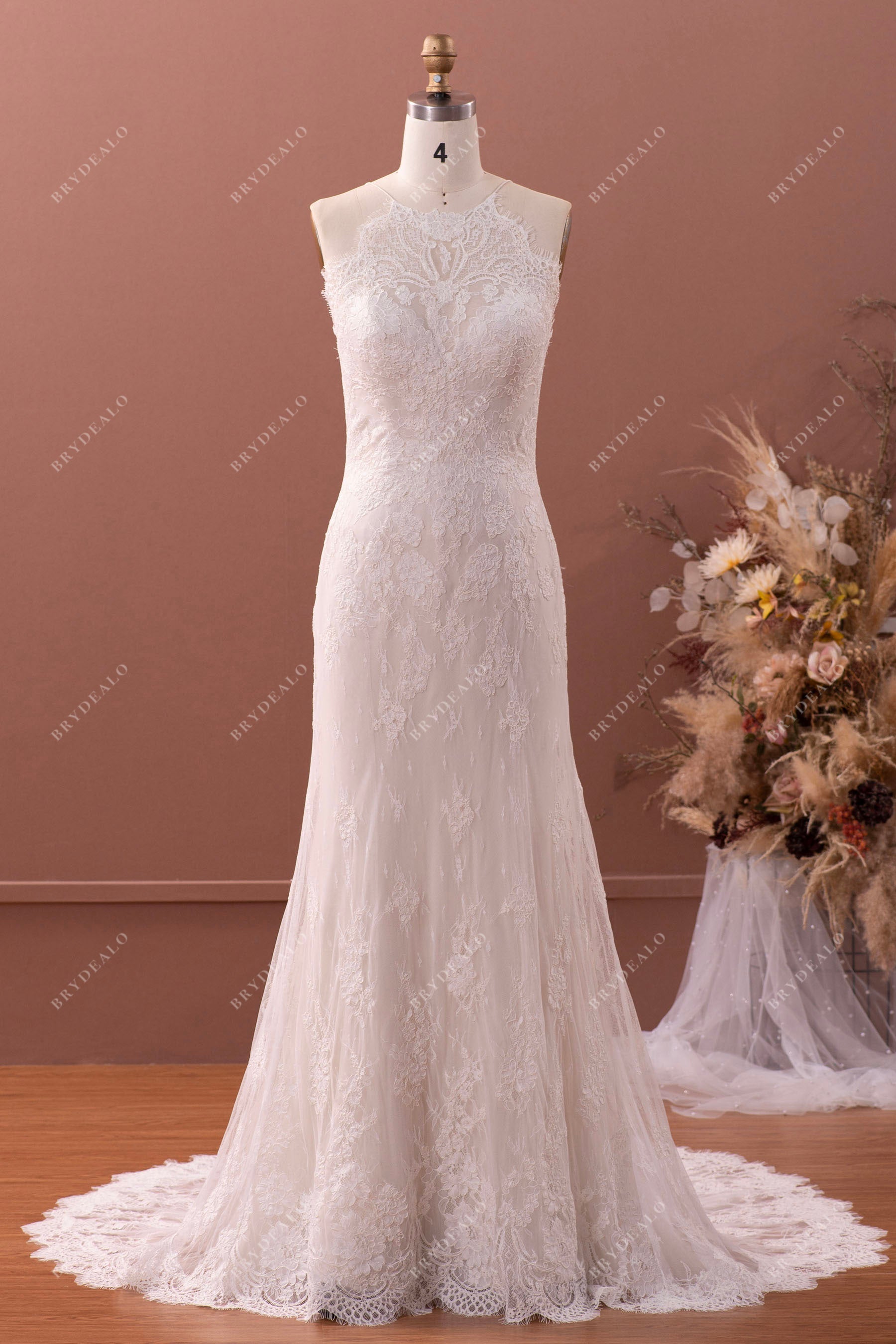chinese dress ladies Vintage Halter Neck Designer Lace Mermaid Spring Fall Wedding Dress