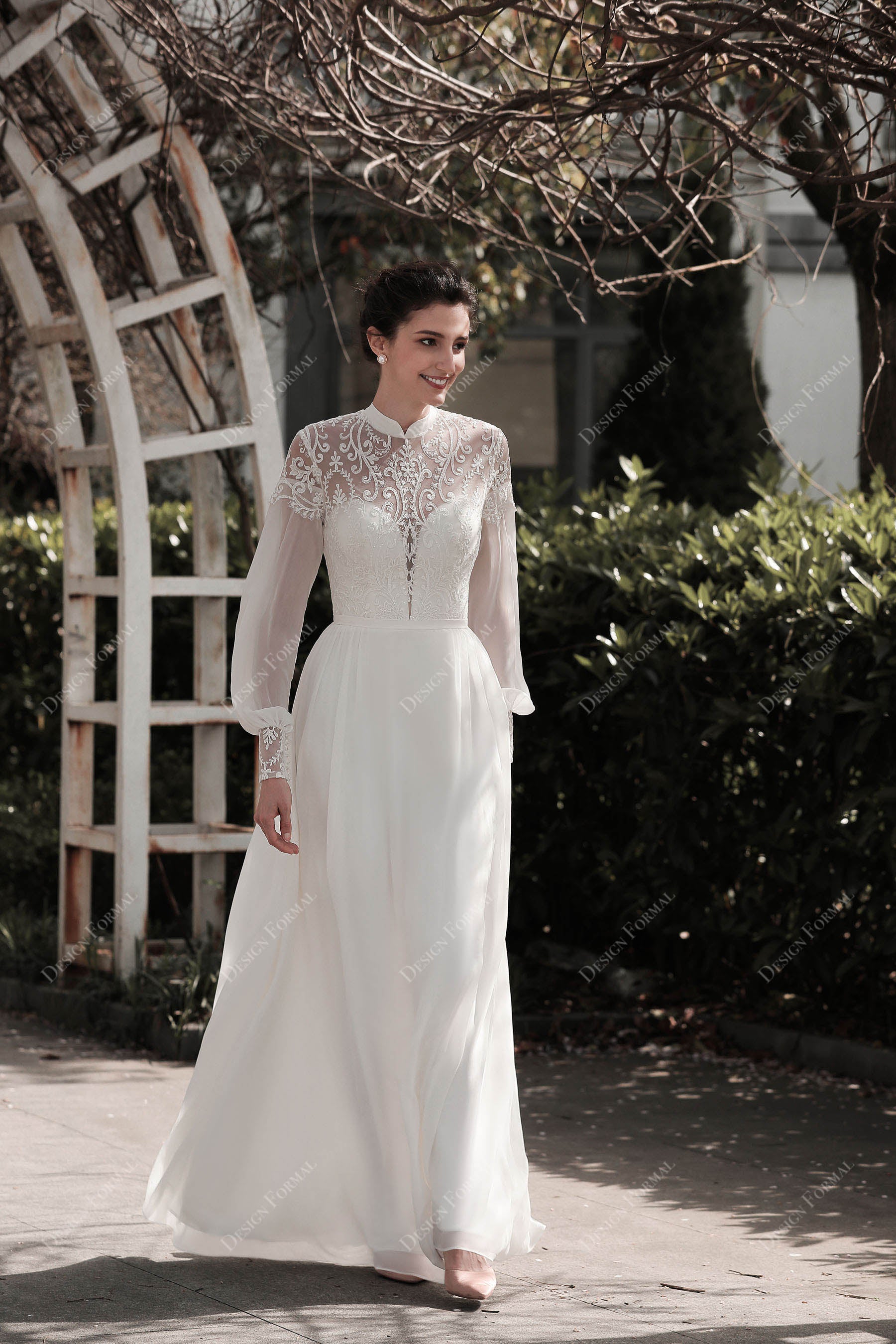 vintage high neck lace chiffon bridal dress