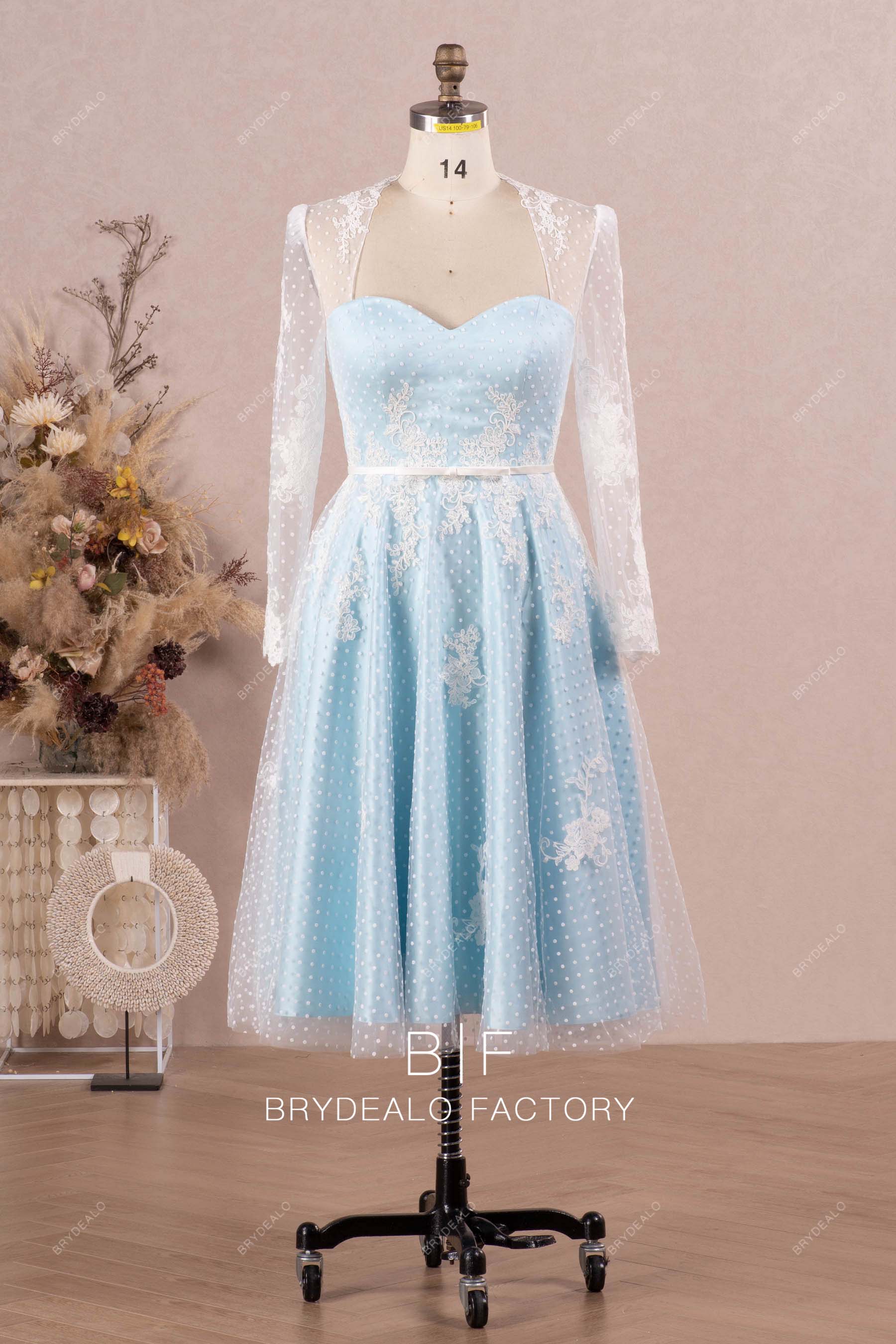 Vintage White Lace Overlaid Sky Blue Short A-line Bridal Dress, Sky Blue Vintage White Lace Overlaid Sky Blue Short A-line Bridal Dress, Sky Blue