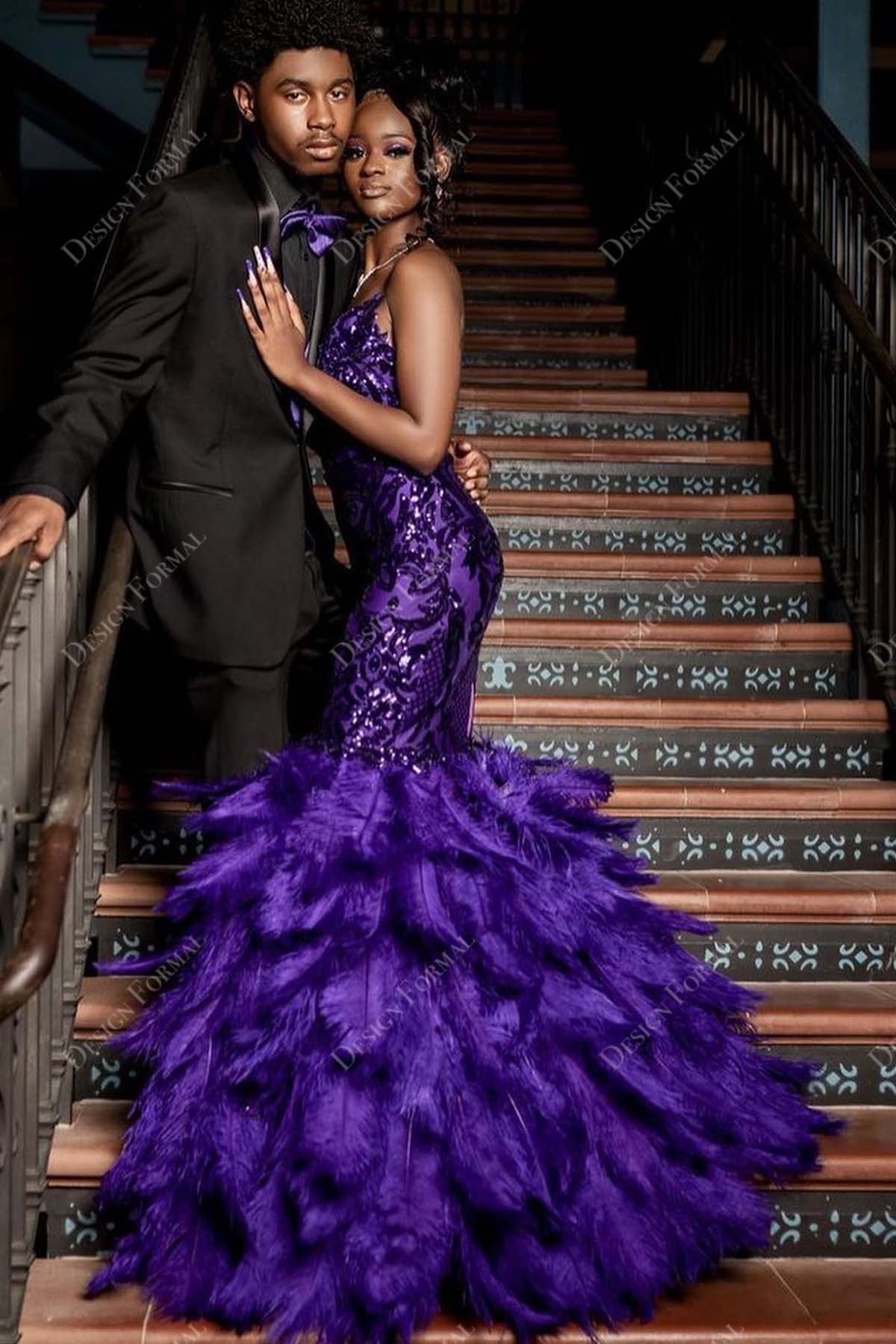 luxury violet sequined appliques feather trumpet prom dress