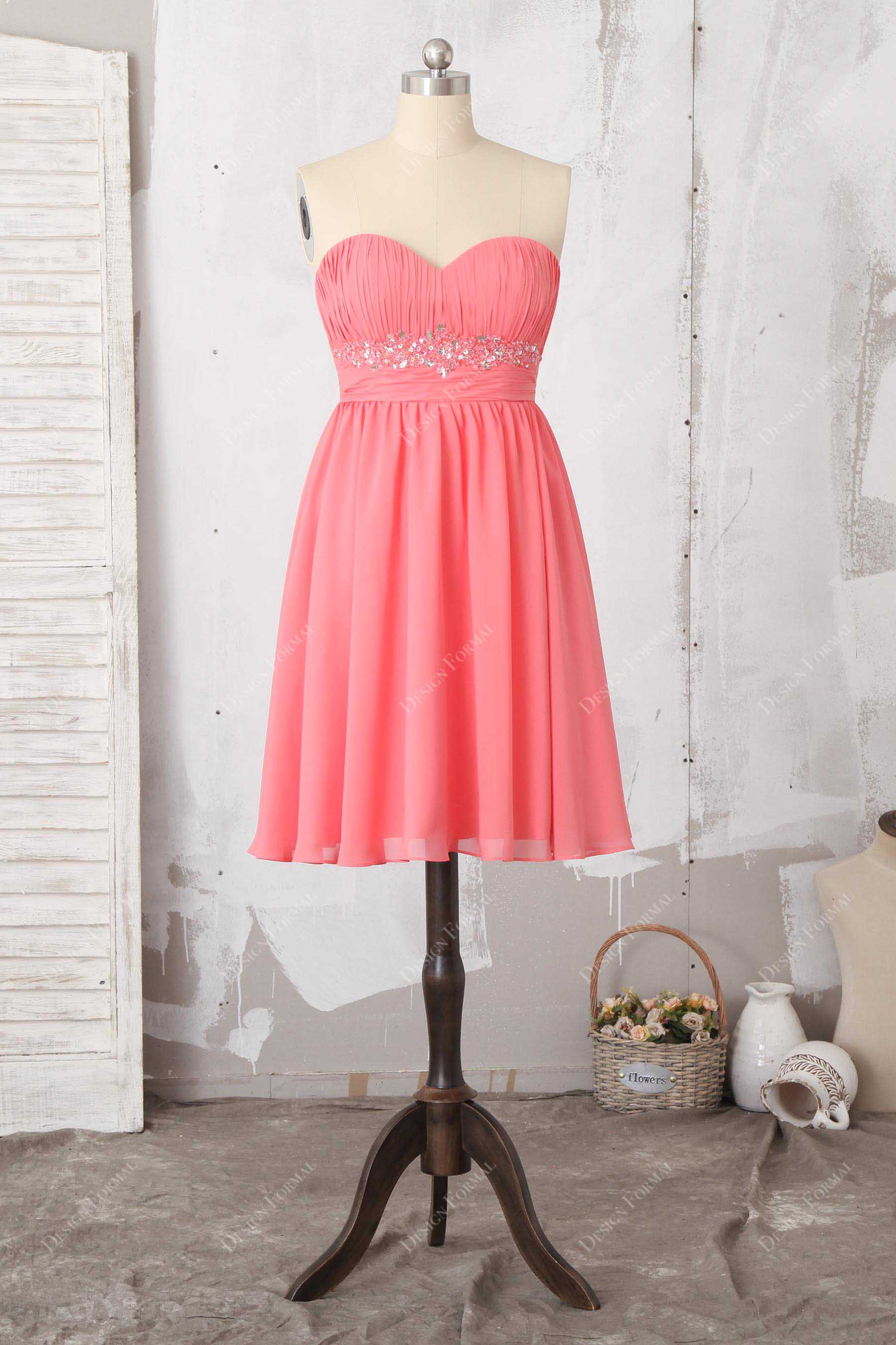 watermelon pink chiffon short bridesmaid dress