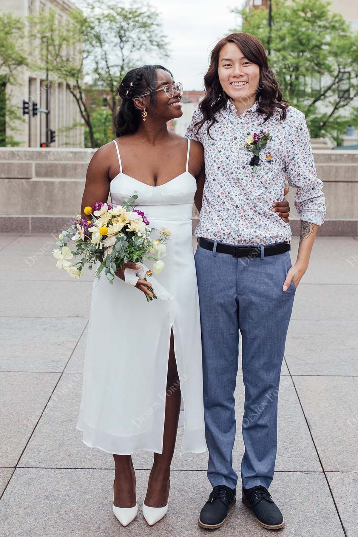 White Chiffon Thin Straps Tea Length Slit Crafted Prom Bridal Dress White Chiffon Thin Straps Tea Length Slit Crafted Prom Bridal Dress