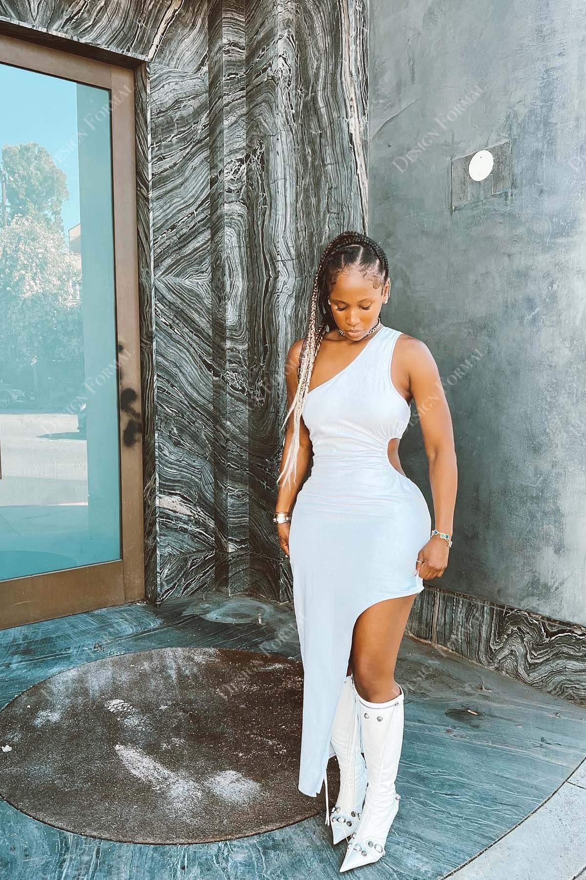 White Jersey One Shoulder Cutout Ankle Length Tailor Made Prom Gown White Jersey One Shoulder Cutout Ankle Length Tailor Made Prom Gown