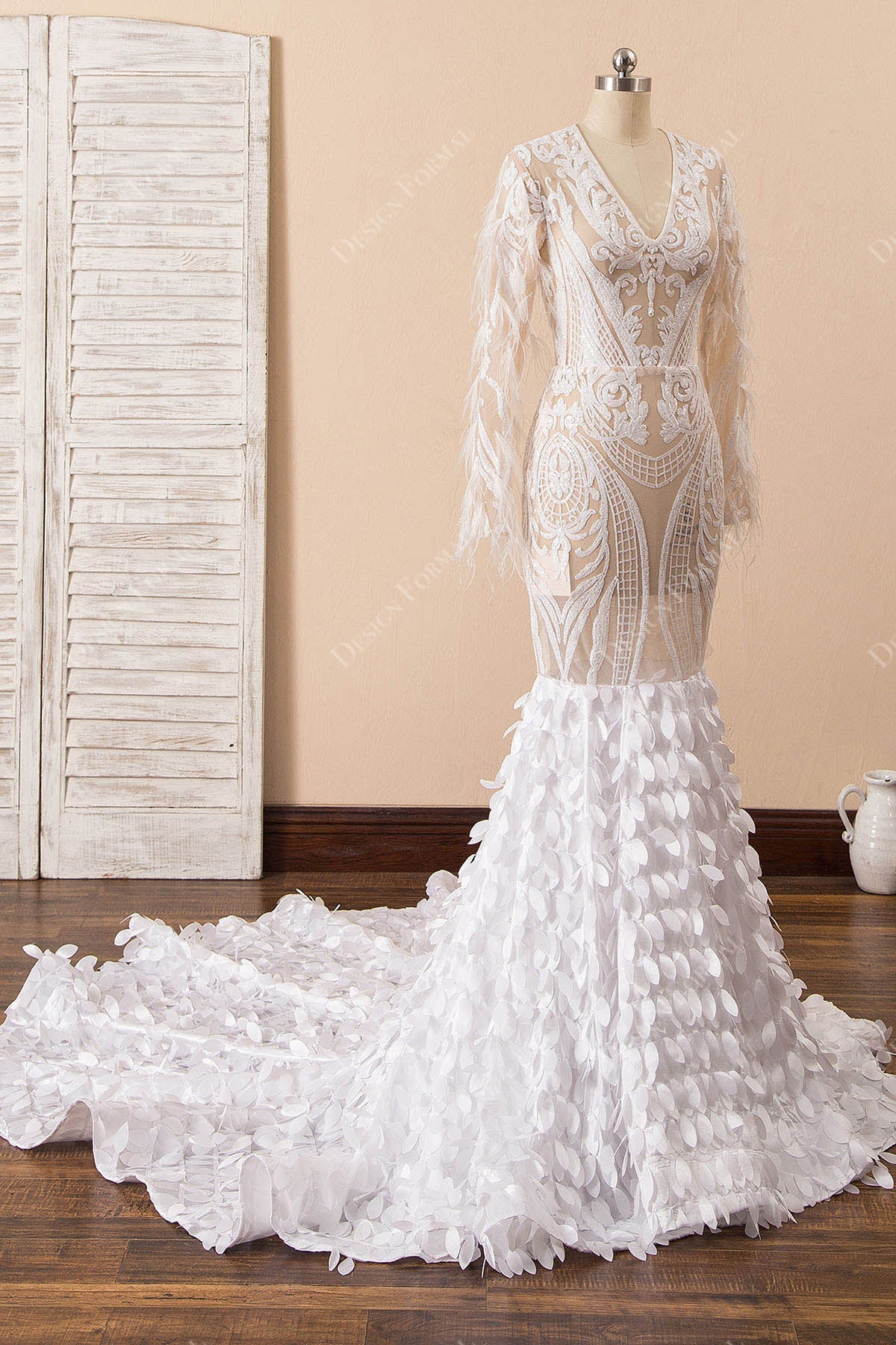 white sequin long sleeves mermaid 3d leaf dress